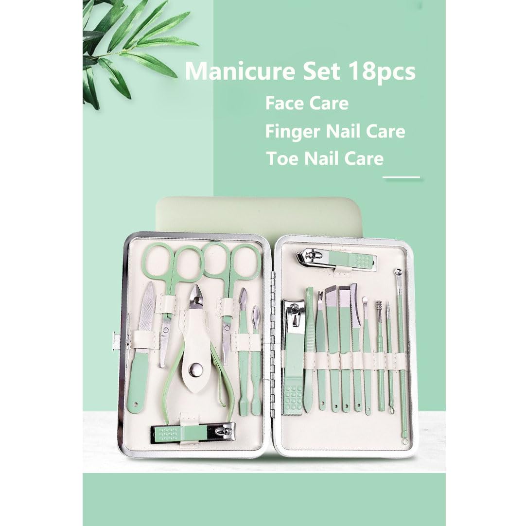 Manicure Set 18pcs Nail Clipper Set with Portable Travel Case Men Women Face Toe Finger Care Tools Manicure Pedicure Tools Grooming Kit Gift for Men Women (Macron Green)