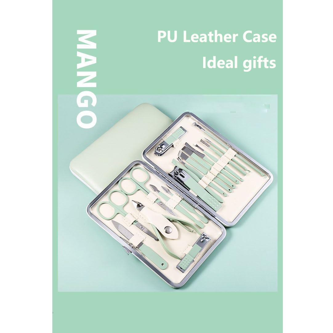 Manicure Set 18pcs Nail Clipper Set with Portable Travel Case Men Women Face Toe Finger Care Tools Manicure Pedicure Tools Grooming Kit Gift for Men Women (Macron Green)