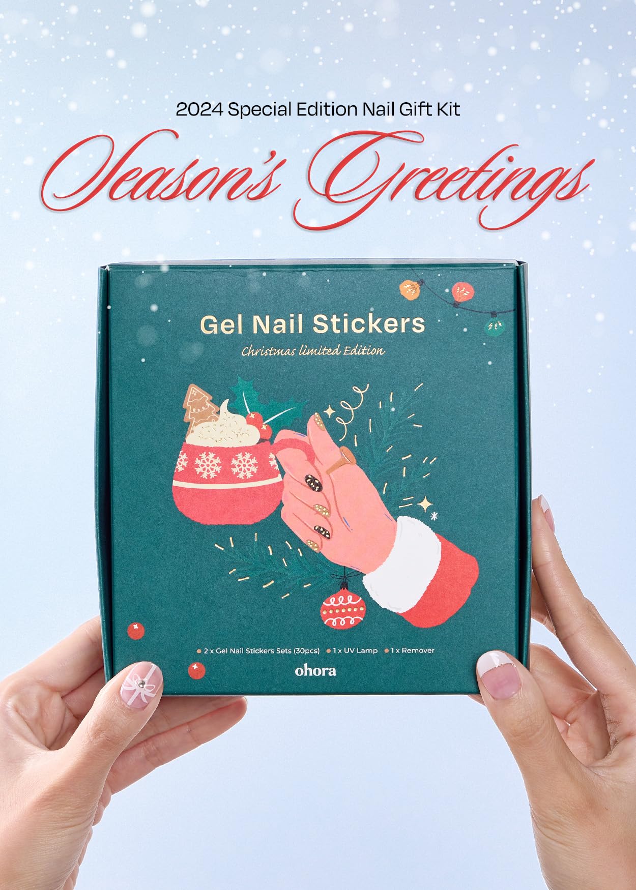 ohora Semi Cured Gel Nail Strip Set (2024 Christmas Set (Limited Edition)) - Works with UV/LED Lamps, Salon-Quality, Long Lasting, Easy to Apply/Remove - Includes 2 Prep Pads, Nail File, Wooden Stick
