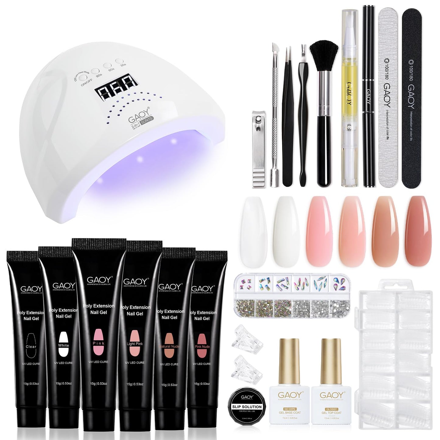GAOY Poly Gel Nail Kit with U V Light Starter Kit, 6 Pcs Builder Gel Nail Extension Kit for Beginners with Everything Nail Art DIY