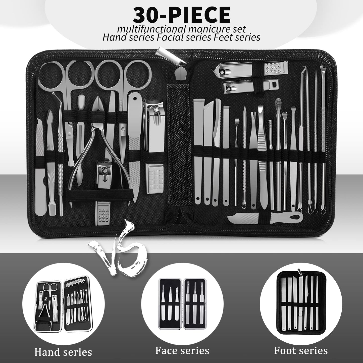 Manicure Set Personal Care Mens Grooming Kit, 30 In 1 Professional Manicure Kit Pedicure Kit, Nail Clippers for Men and Beauty Tool Portable Set, with Luxurious Travel Case (Black)