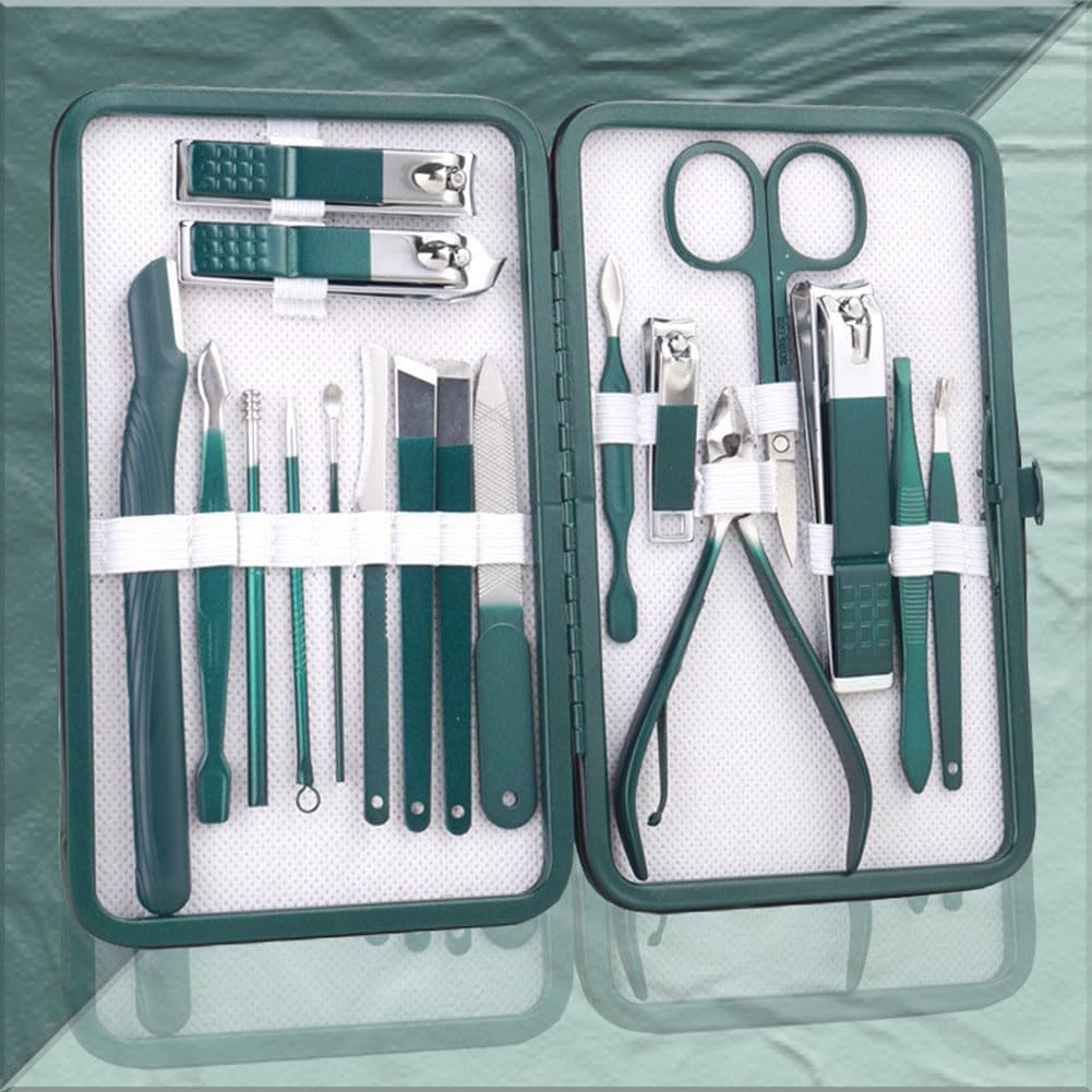 Manicure Set 18pcs Nail Clipper Set with Portable Travel Case Men Women Face Toe Finger Care Tools Manicure Pedicure Tools Grooming Kit Gift for Men Women (Macron Green)