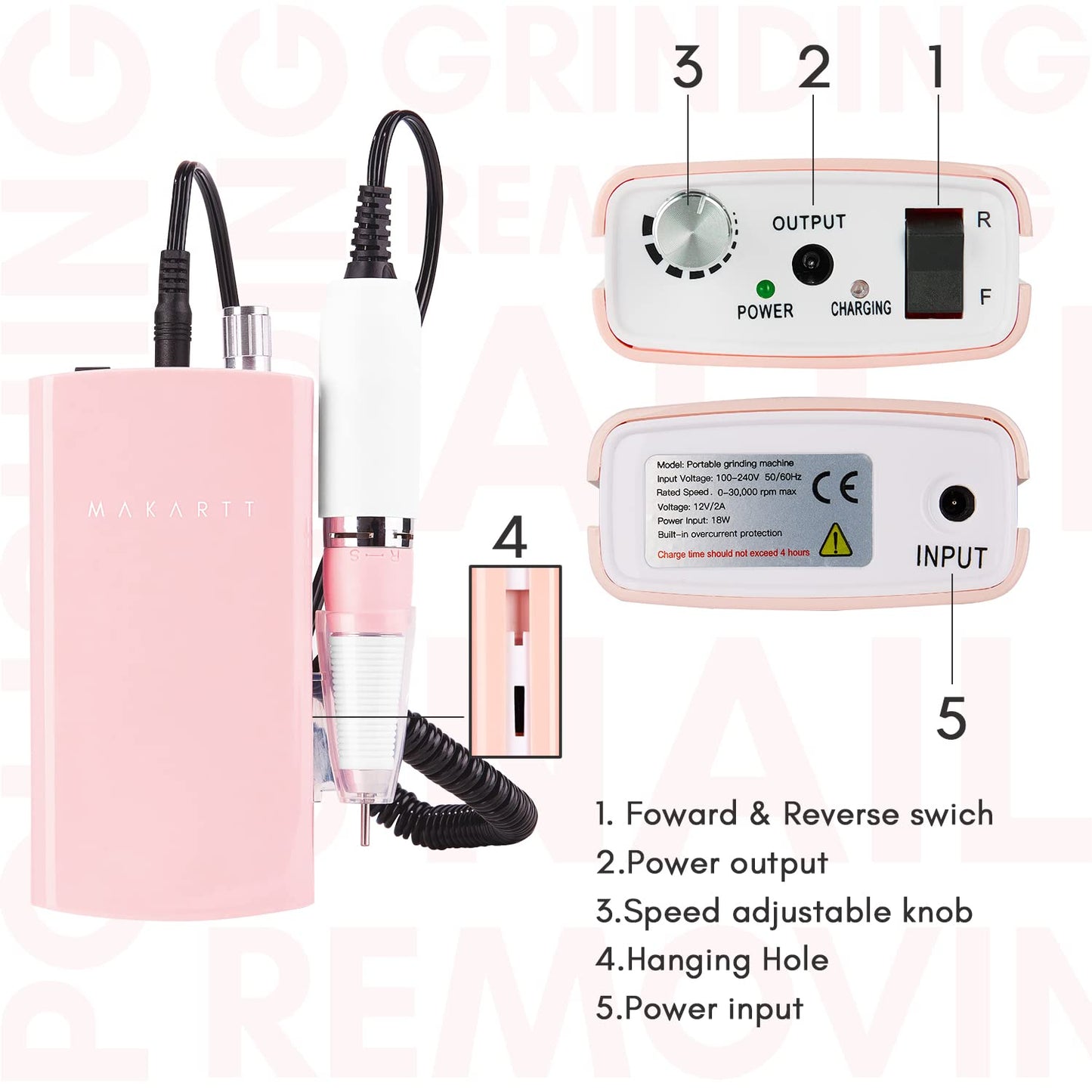Makartt Professional Nail Drill, Nouvella 35000RPM Electric Nail Filer Machine With Coreless Motor for Acrylic Gel Nail，Rechargeable Efile With Nail Drill Bit Set, Manicure Salon Home DIY Use, Pink