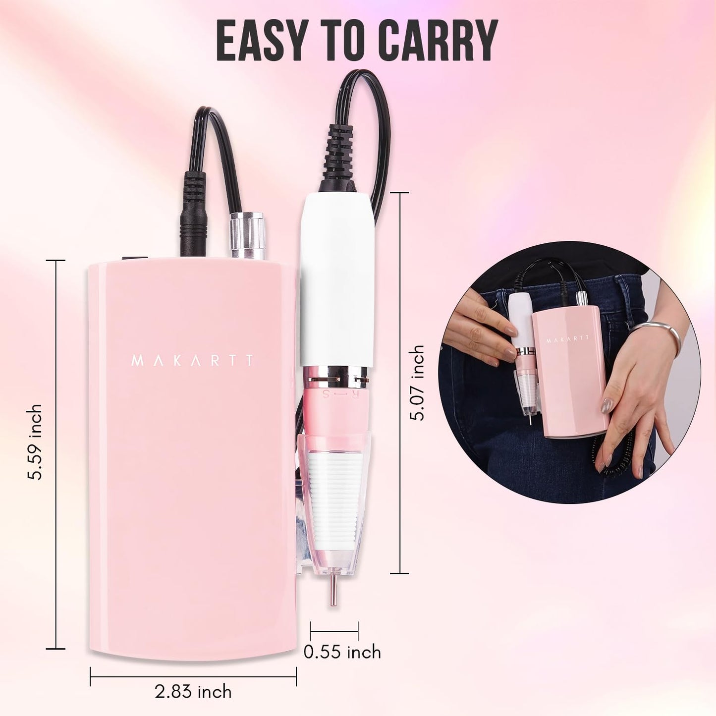 Makartt Professional Nail Drill, Nouvella 35000RPM Electric Nail Filer Machine With Coreless Motor for Acrylic Gel Nail，Rechargeable Efile With Nail Drill Bit Set, Manicure Salon Home DIY Use, Pink