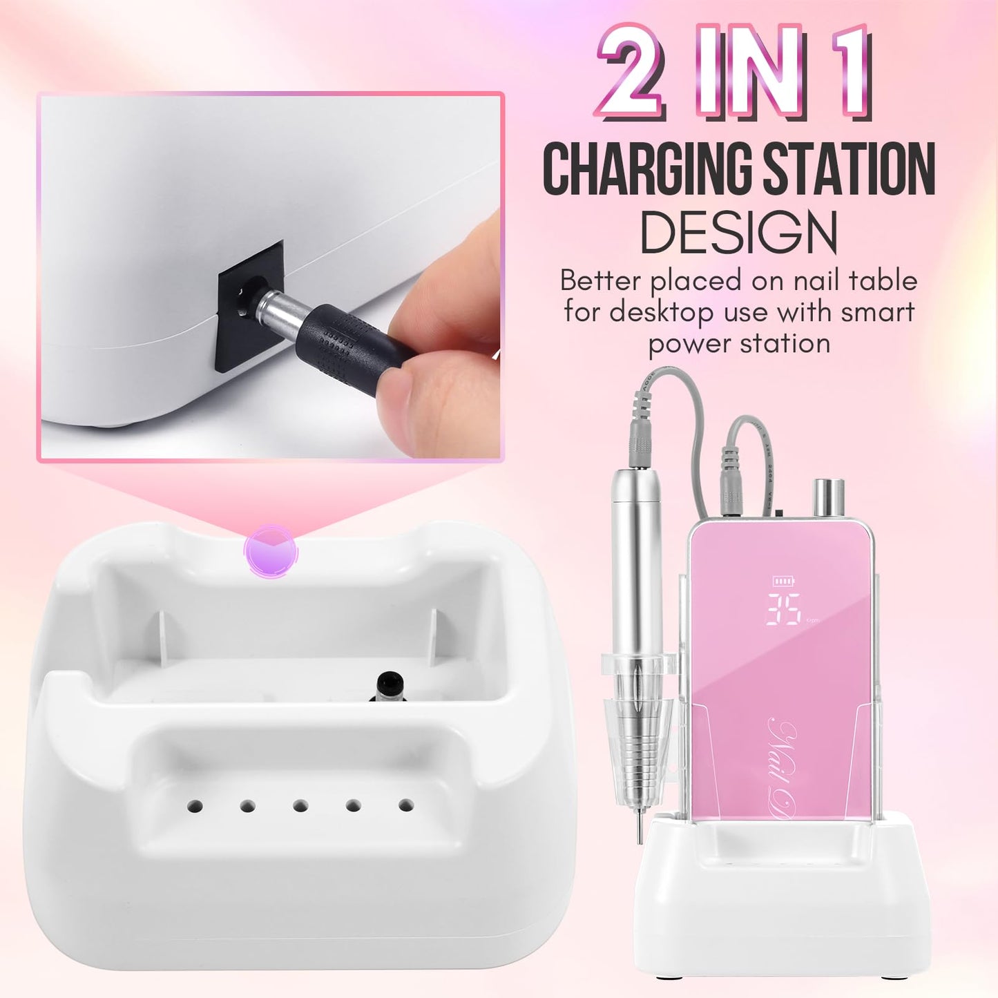 Makartt Professional Nail Drill, Nouvella 35000RPM Electric Nail Filer Machine With Coreless Motor for Acrylic Gel Nail，Rechargeable Efile With Nail Drill Bit Set, Manicure Salon Home DIY Use, Pink