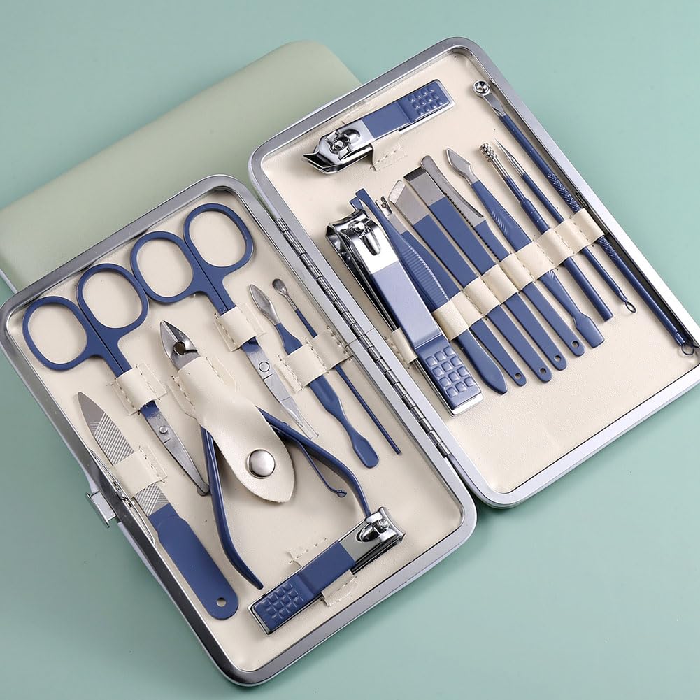 Manicure Set 18pcs Nail Clipper Set with Portable Travel Case Men Women Face Toe Finger Care Tools Manicure Pedicure Tools Grooming Kit Gift for Men Women (Macron Green)