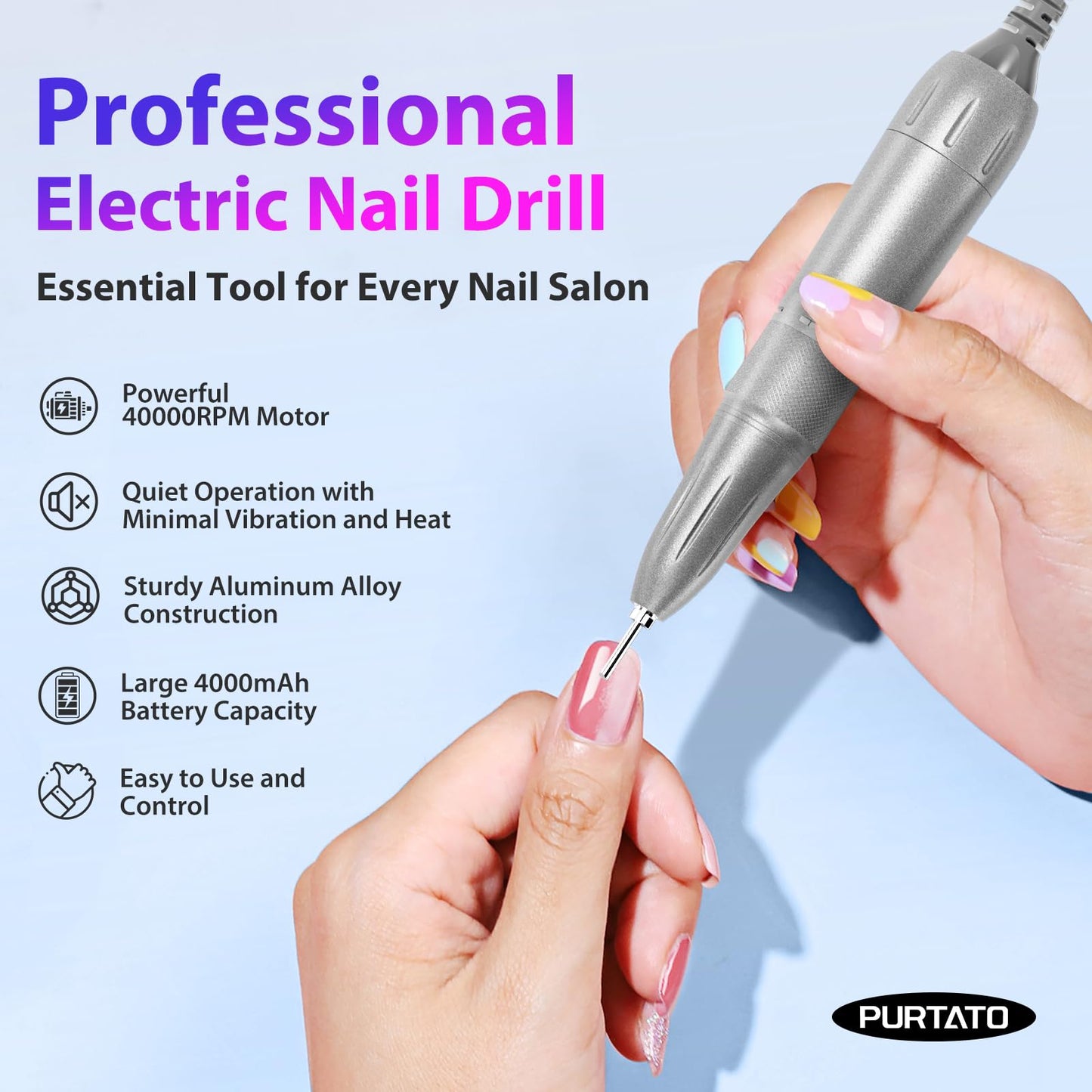 Professional Nail Drill 40,000 RPM, Rechargeable,LCD Display E File Machine for Acrylic Nails Gel Polishing Removing Portable Nails Efile Tools for Manicure Salon & Home (Pink)