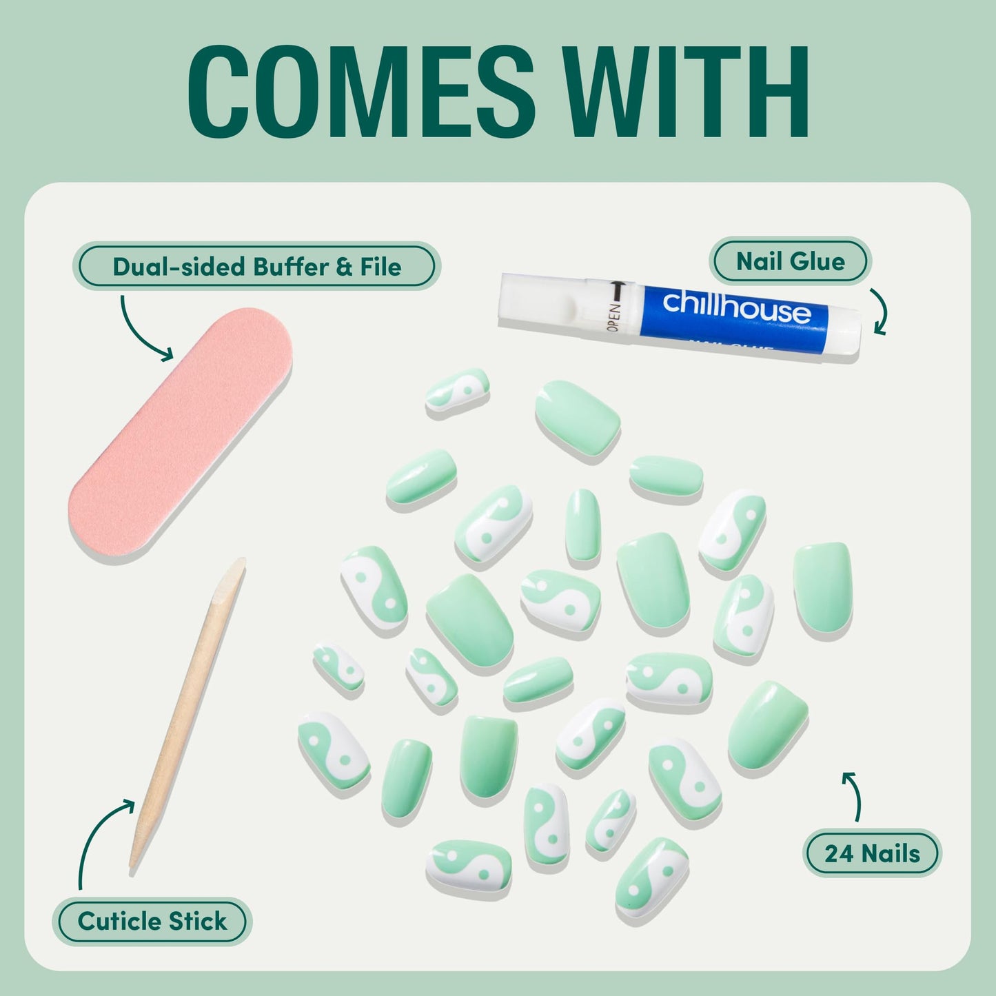 Chillhouse Chill Tips Signatures Press On Nails Kit, Going to the Barre - 24 Nail Shapes & Sizes, Dual-Sided Buffer & File, Cuticle Stick & Glue - Long-Lasting Nail Art Manicures