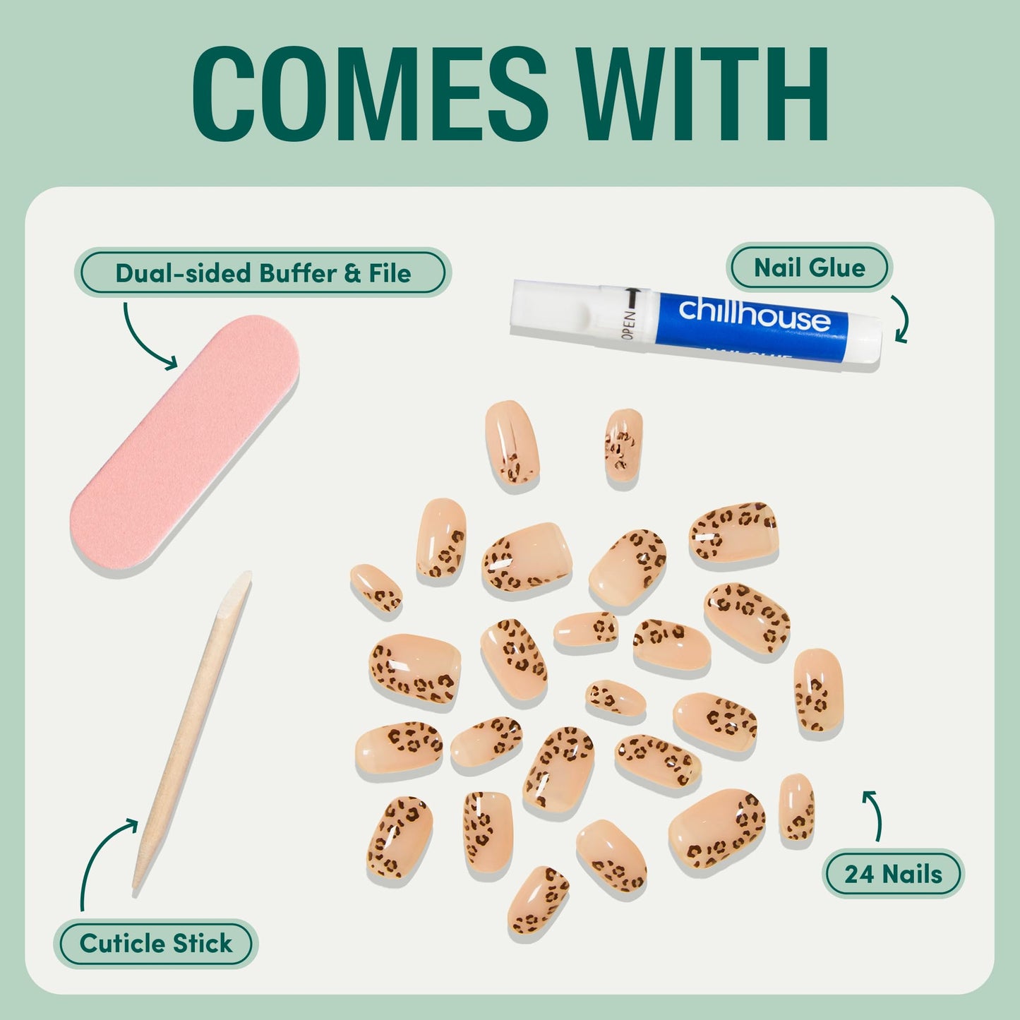 Chillhouse Chill Tips Signatures Press On Nails Kit, Going to the Barre - 24 Nail Shapes & Sizes, Dual-Sided Buffer & File, Cuticle Stick & Glue - Long-Lasting Nail Art Manicures