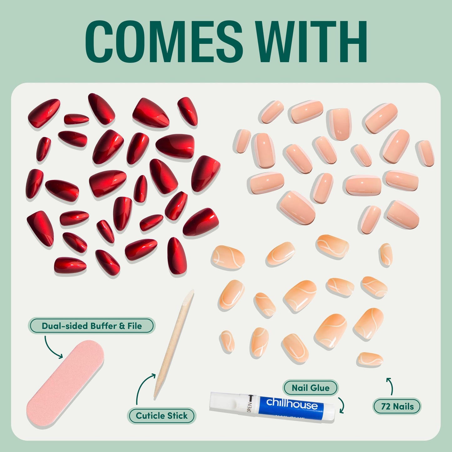 Chillhouse Chill Tips Signatures Press On Nails Kit, Going to the Barre - 24 Nail Shapes & Sizes, Dual-Sided Buffer & File, Cuticle Stick & Glue - Long-Lasting Nail Art Manicures