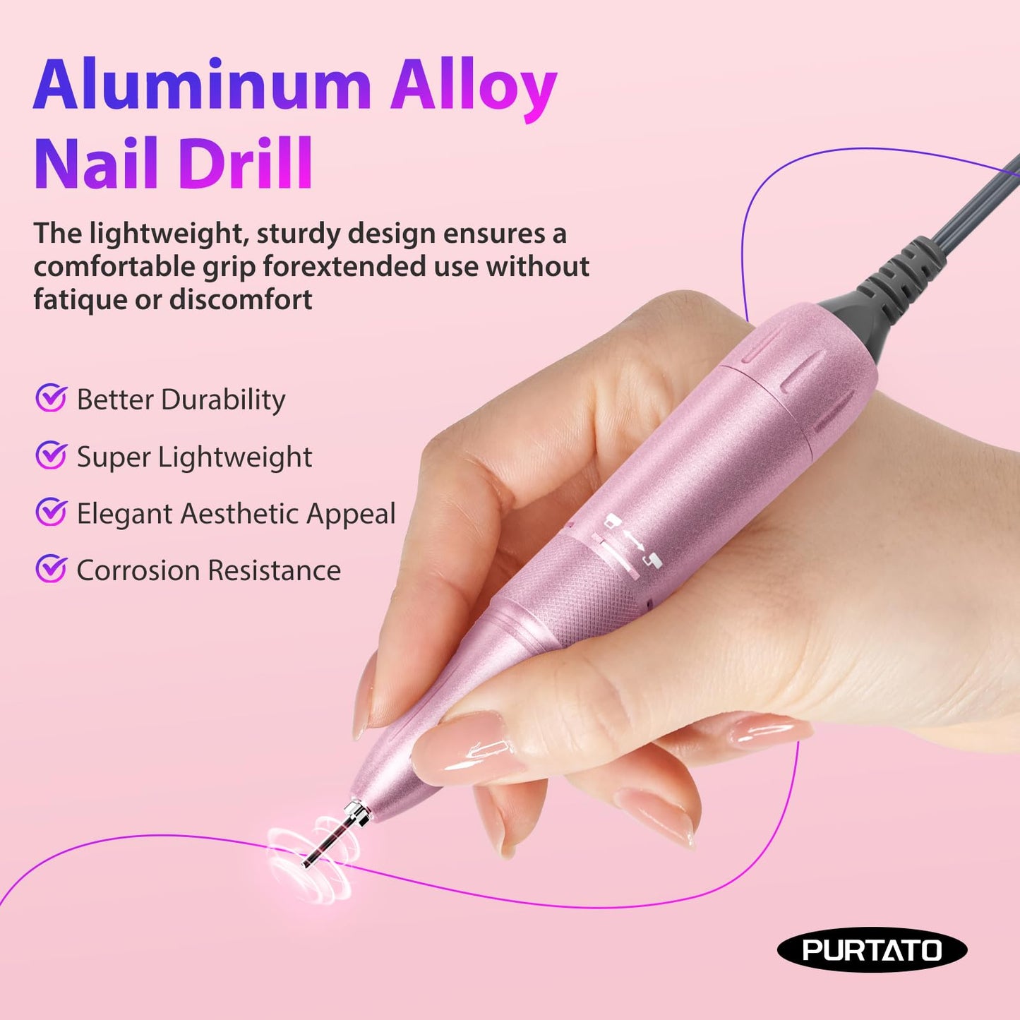 Professional Nail Drill 40,000 RPM, Rechargeable,LCD Display E File Machine for Acrylic Nails Gel Polishing Removing Portable Nails Efile Tools for Manicure Salon & Home (Pink)