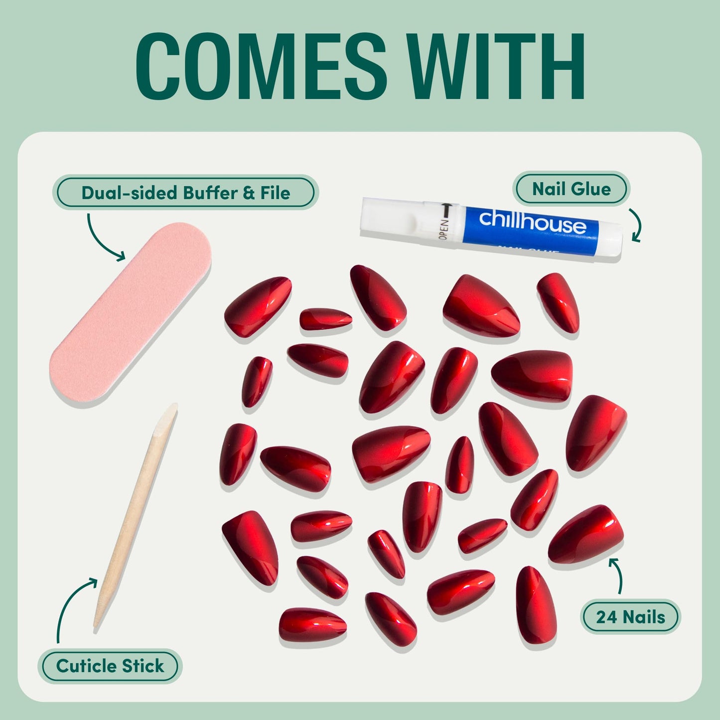 Chillhouse Chill Tips Signatures Press On Nails Kit, Going to the Barre - 24 Nail Shapes & Sizes, Dual-Sided Buffer & File, Cuticle Stick & Glue - Long-Lasting Nail Art Manicures