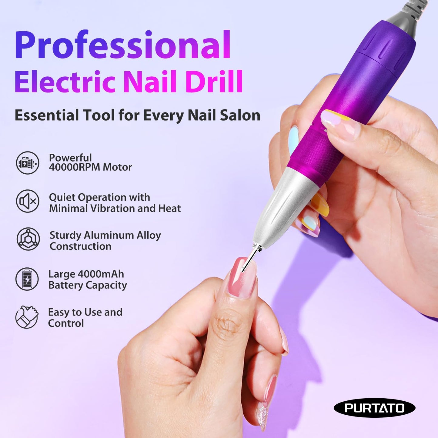 Professional Nail Drill 40,000 RPM, Rechargeable,LCD Display E File Machine for Acrylic Nails Gel Polishing Removing Portable Nails Efile Tools for Manicure Salon & Home (Pink)