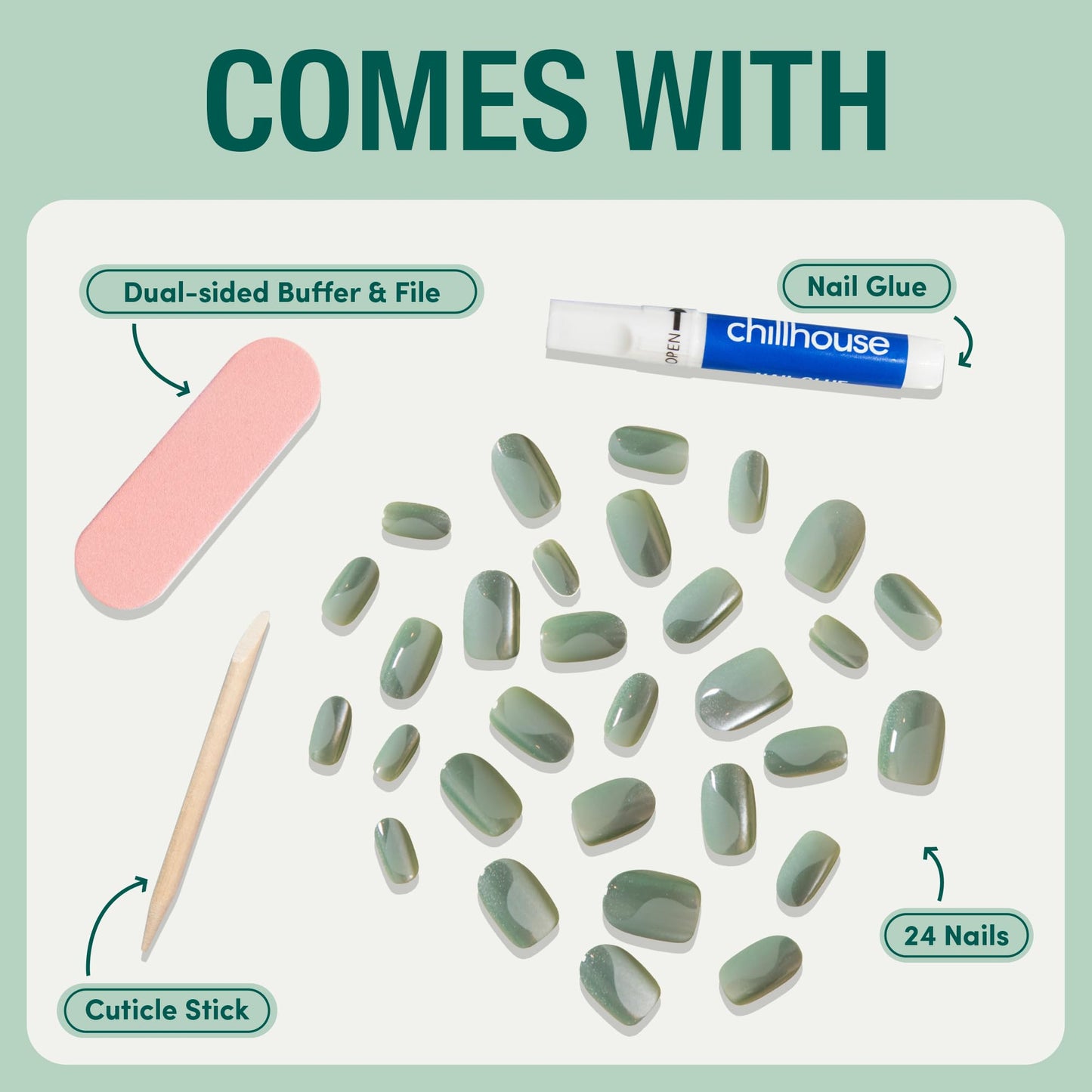 Chillhouse Chill Tips Signatures Press On Nails Kit, Going to the Barre - 24 Nail Shapes & Sizes, Dual-Sided Buffer & File, Cuticle Stick & Glue - Long-Lasting Nail Art Manicures