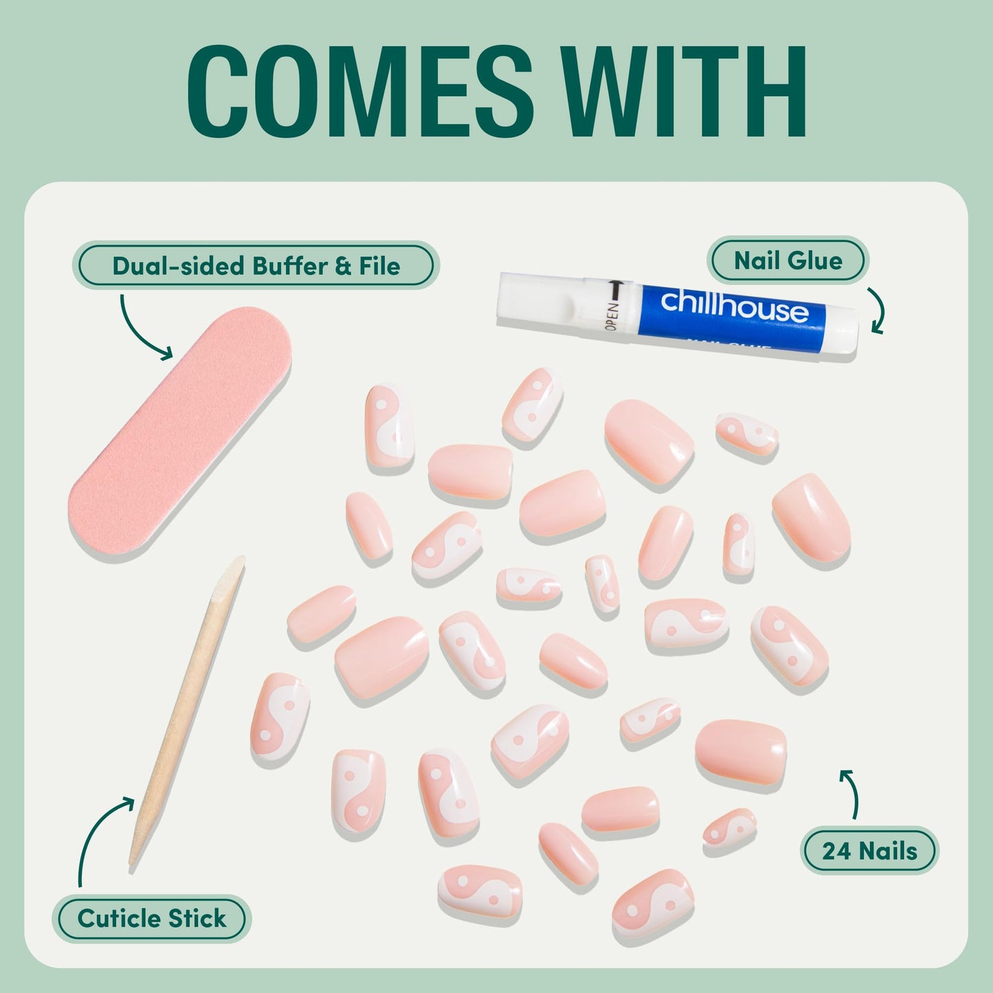 Chillhouse Chill Tips Signatures Press On Nails Kit, Going to the Barre - 24 Nail Shapes & Sizes, Dual-Sided Buffer & File, Cuticle Stick & Glue - Long-Lasting Nail Art Manicures