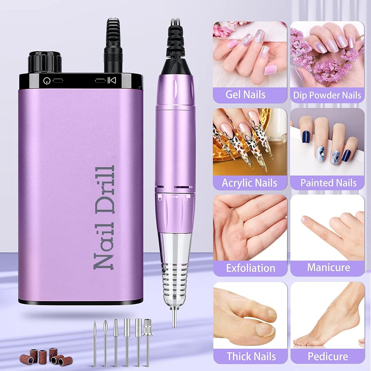 Electric Nail Drill Machine 35000RPM Portable Rechargeable Nail Drill for Acrylic Nails Gel Polishing Removing, Cordless with Bits Kit for Manicure Salon Home(Purple)