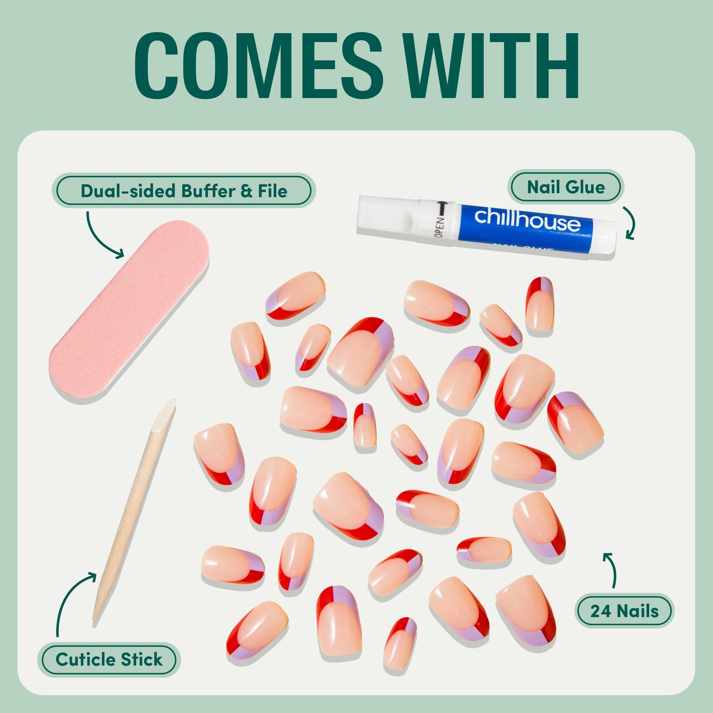 Chillhouse Chill Tips Signatures Press On Nails Kit, Going to the Barre - 24 Nail Shapes & Sizes, Dual-Sided Buffer & File, Cuticle Stick & Glue - Long-Lasting Nail Art Manicures