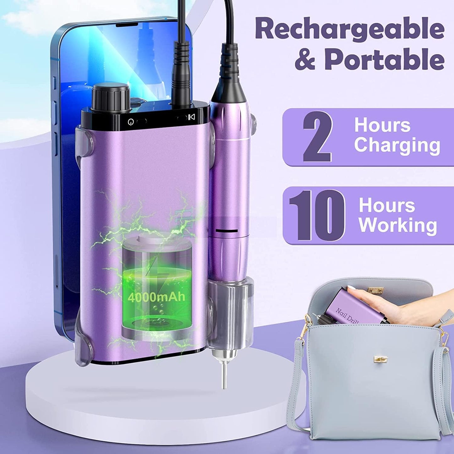 Electric Nail Drill Machine 35000RPM Portable Rechargeable Nail Drill for Acrylic Nails Gel Polishing Removing, Cordless with Bits Kit for Manicure Salon Home(Purple)