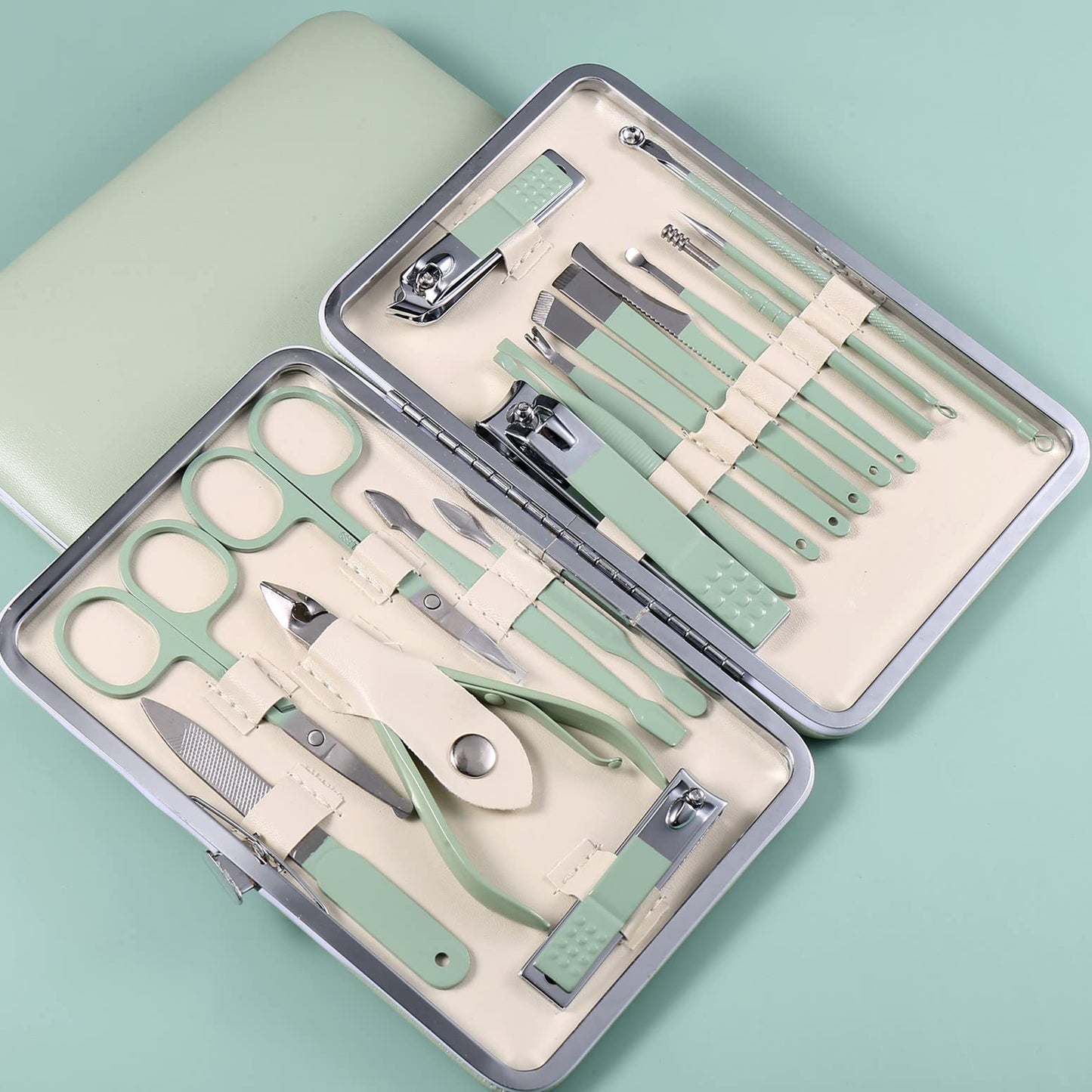 Manicure Set 18pcs Nail Clipper Set with Portable Travel Case Men Women Face Toe Finger Care Tools Manicure Pedicure Tools Grooming Kit Gift for Men Women (Macron Green)