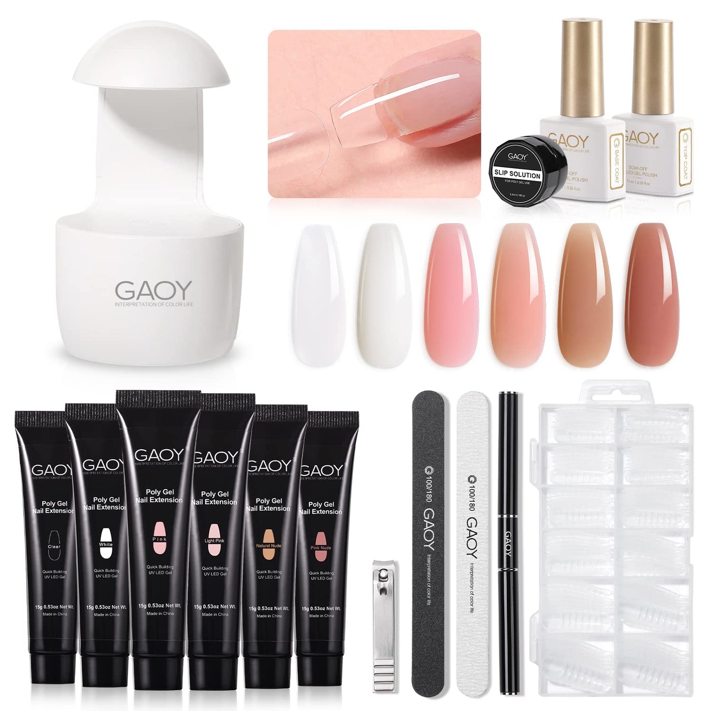 GAOY Poly Gel Nail Kit with U V Light Starter Kit, 6 Pcs Builder Gel Nail Extension Kit for Beginners with Everything Nail Art DIY