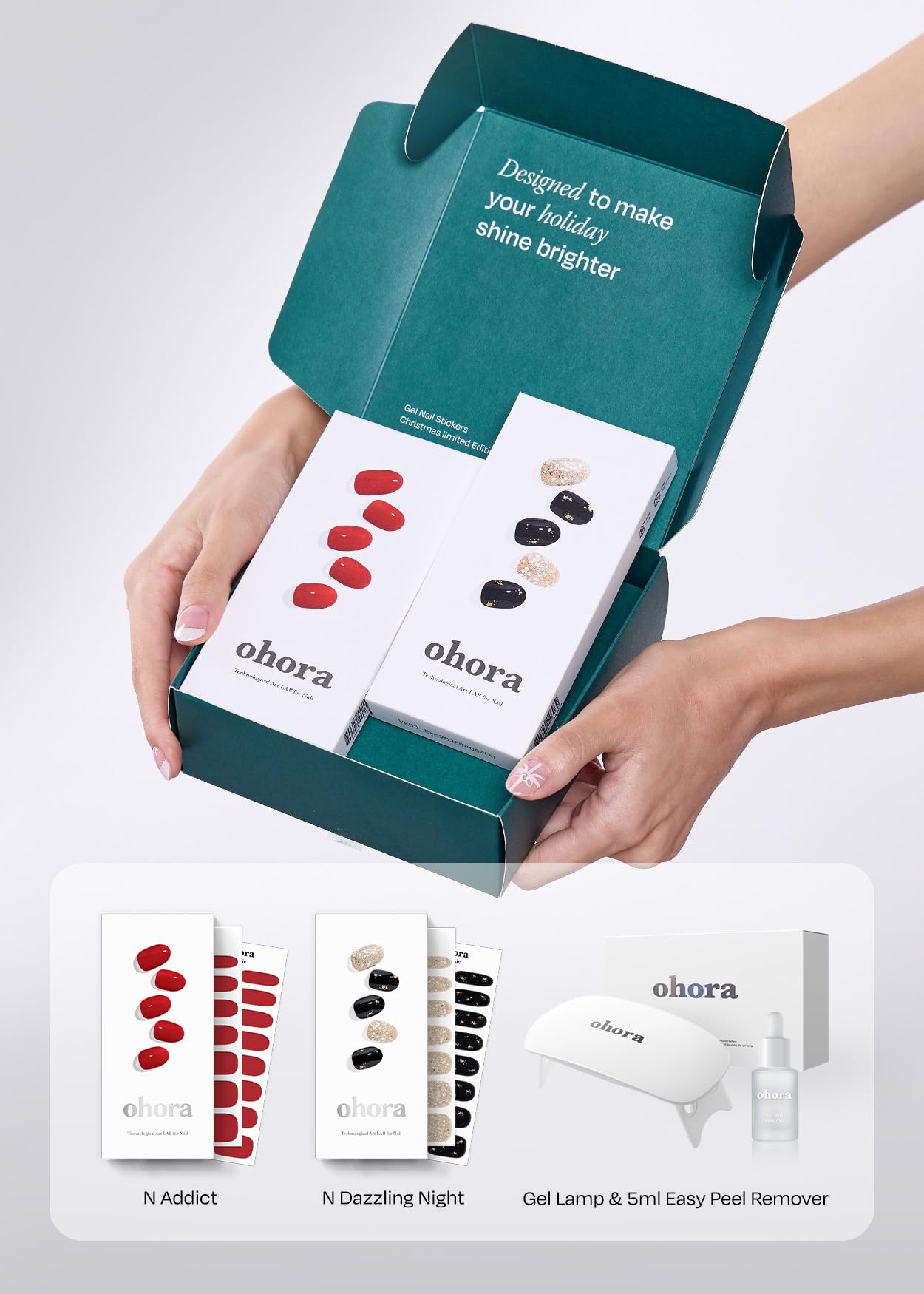 ohora Semi Cured Gel Nail Strip Set (2024 Christmas Set (Limited Edition)) - Works with UV/LED Lamps, Salon-Quality, Long Lasting, Easy to Apply/Remove - Includes 2 Prep Pads, Nail File, Wooden Stick