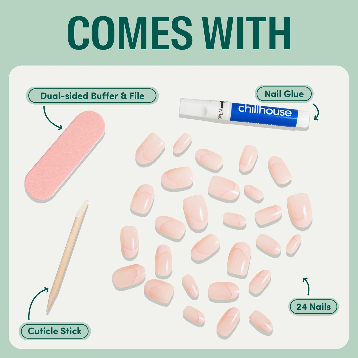 Chillhouse Chill Tips Signatures Press On Nails Kit, Going to the Barre - 24 Nail Shapes & Sizes, Dual-Sided Buffer & File, Cuticle Stick & Glue - Long-Lasting Nail Art Manicures