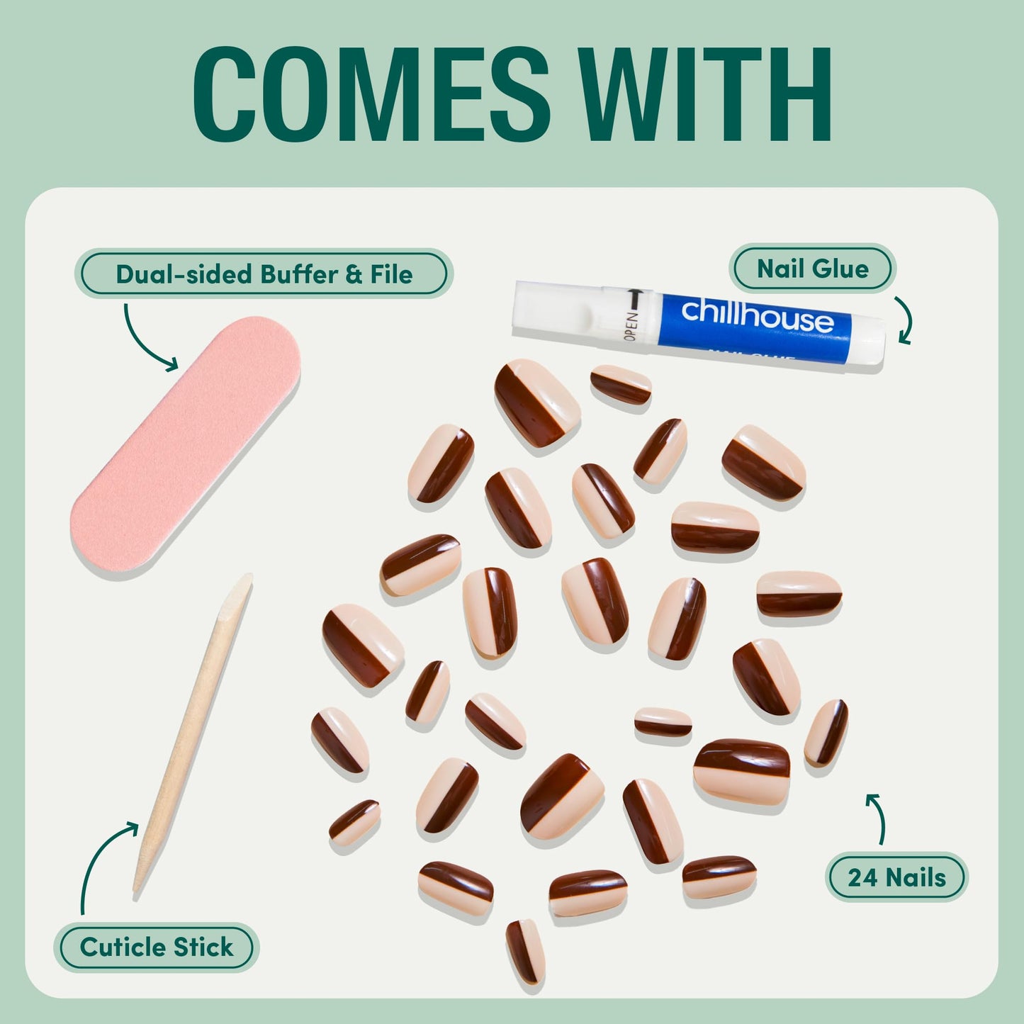 Chillhouse Chill Tips Signatures Press On Nails Kit, Going to the Barre - 24 Nail Shapes & Sizes, Dual-Sided Buffer & File, Cuticle Stick & Glue - Long-Lasting Nail Art Manicures