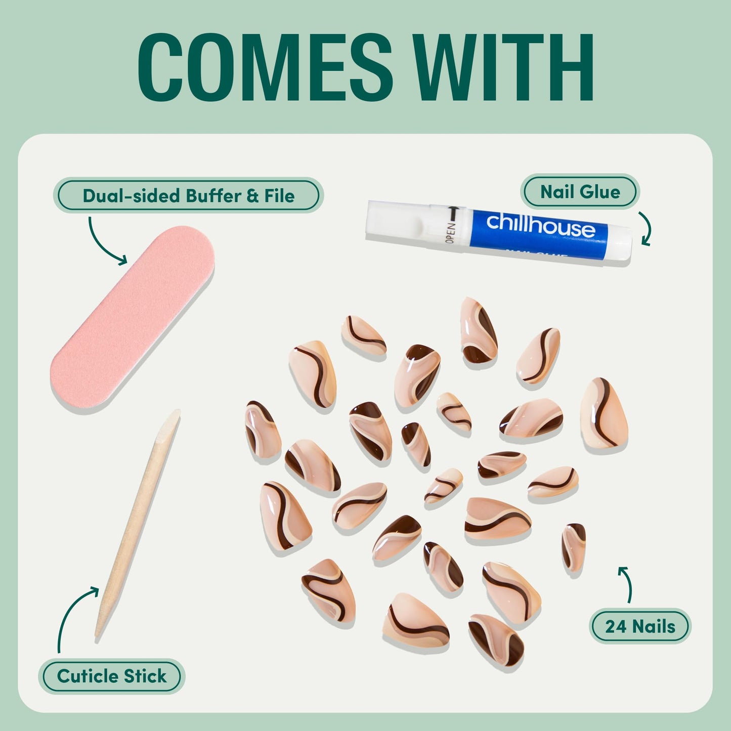 Chillhouse Chill Tips Signatures Press On Nails Kit, Going to the Barre - 24 Nail Shapes & Sizes, Dual-Sided Buffer & File, Cuticle Stick & Glue - Long-Lasting Nail Art Manicures