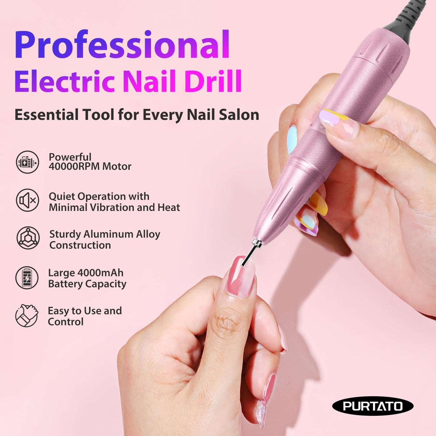 Professional Nail Drill 40,000 RPM, Rechargeable,LCD Display E File Machine for Acrylic Nails Gel Polishing Removing Portable Nails Efile Tools for Manicure Salon & Home (Pink)