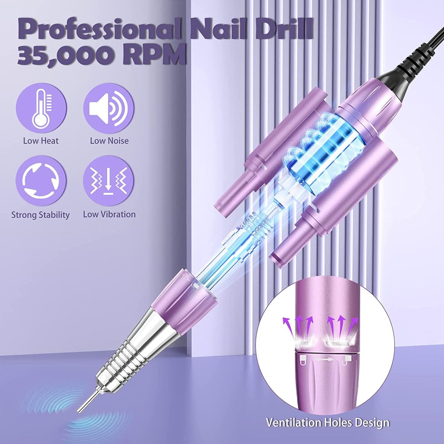 Electric Nail Drill Machine 35000RPM Portable Rechargeable Nail Drill for Acrylic Nails Gel Polishing Removing, Cordless with Bits Kit for Manicure Salon Home(Purple)