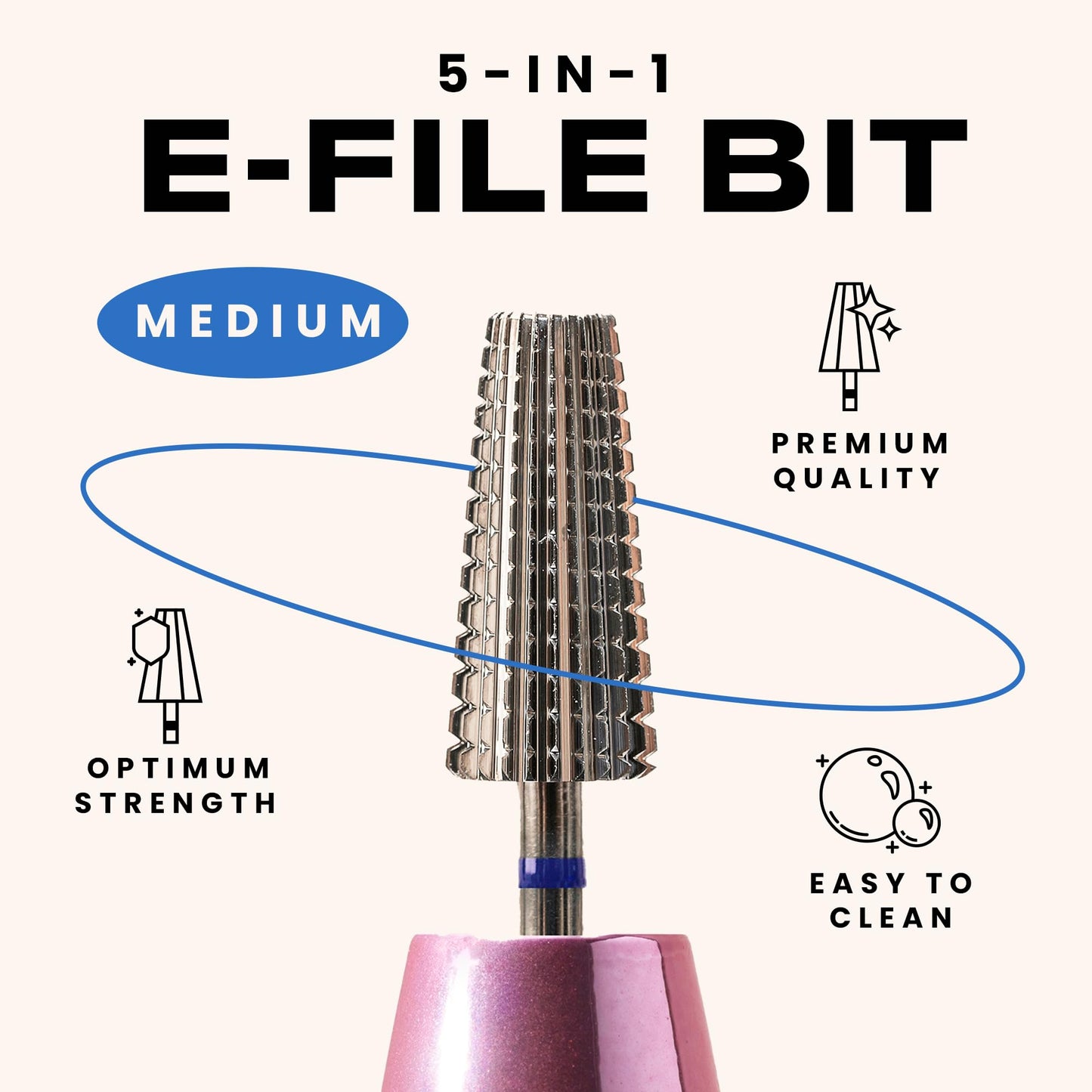 5-In-1 Professional Nail Drill Bits (Medium) - Electric Nail Drill Kit for Manicure, Pedicure & 3D Art - Portable EFile Nail Tech Drill Bits for Nail Technicians, Salon & Home DIY