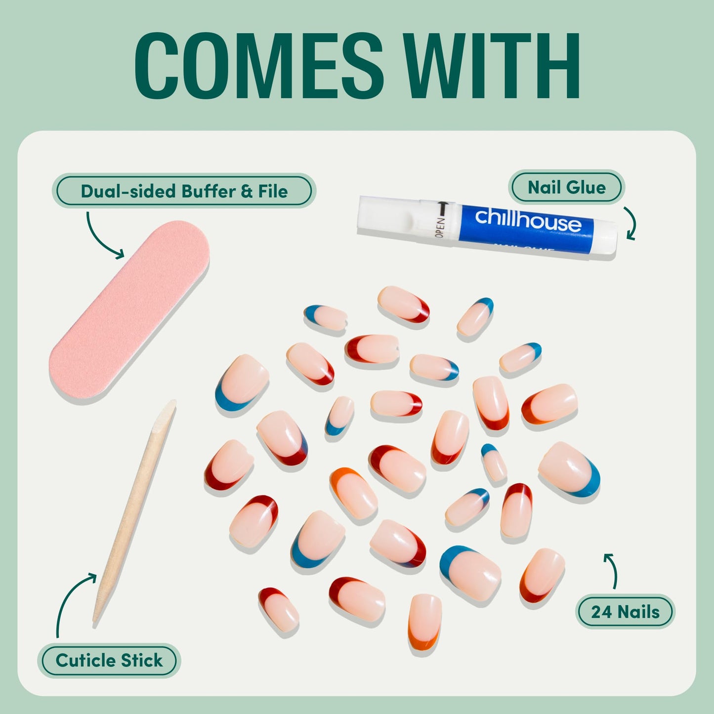 Chillhouse Chill Tips Signatures Press On Nails Kit, Going to the Barre - 24 Nail Shapes & Sizes, Dual-Sided Buffer & File, Cuticle Stick & Glue - Long-Lasting Nail Art Manicures