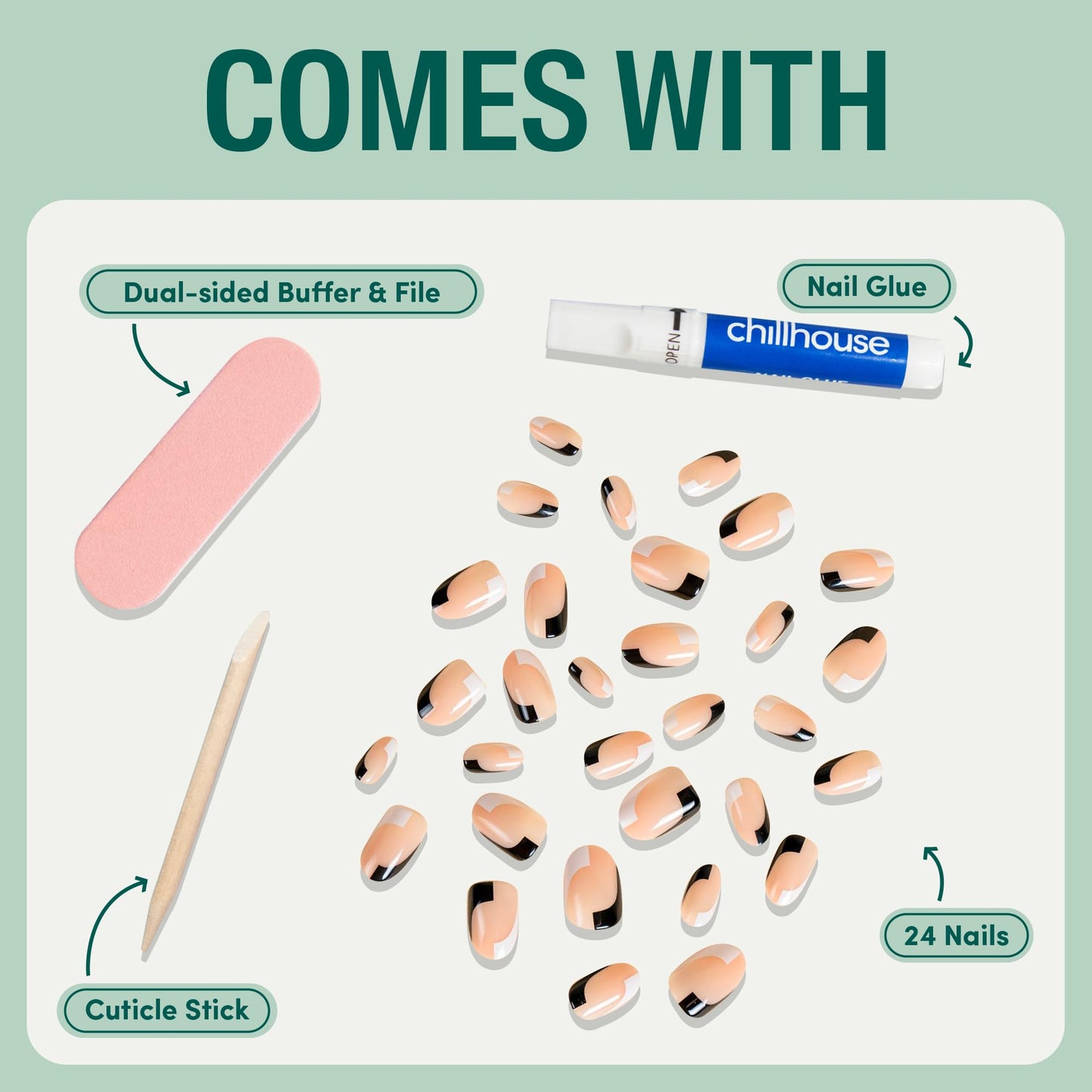 Chillhouse Chill Tips Signatures Press On Nails Kit, Going to the Barre - 24 Nail Shapes & Sizes, Dual-Sided Buffer & File, Cuticle Stick & Glue - Long-Lasting Nail Art Manicures