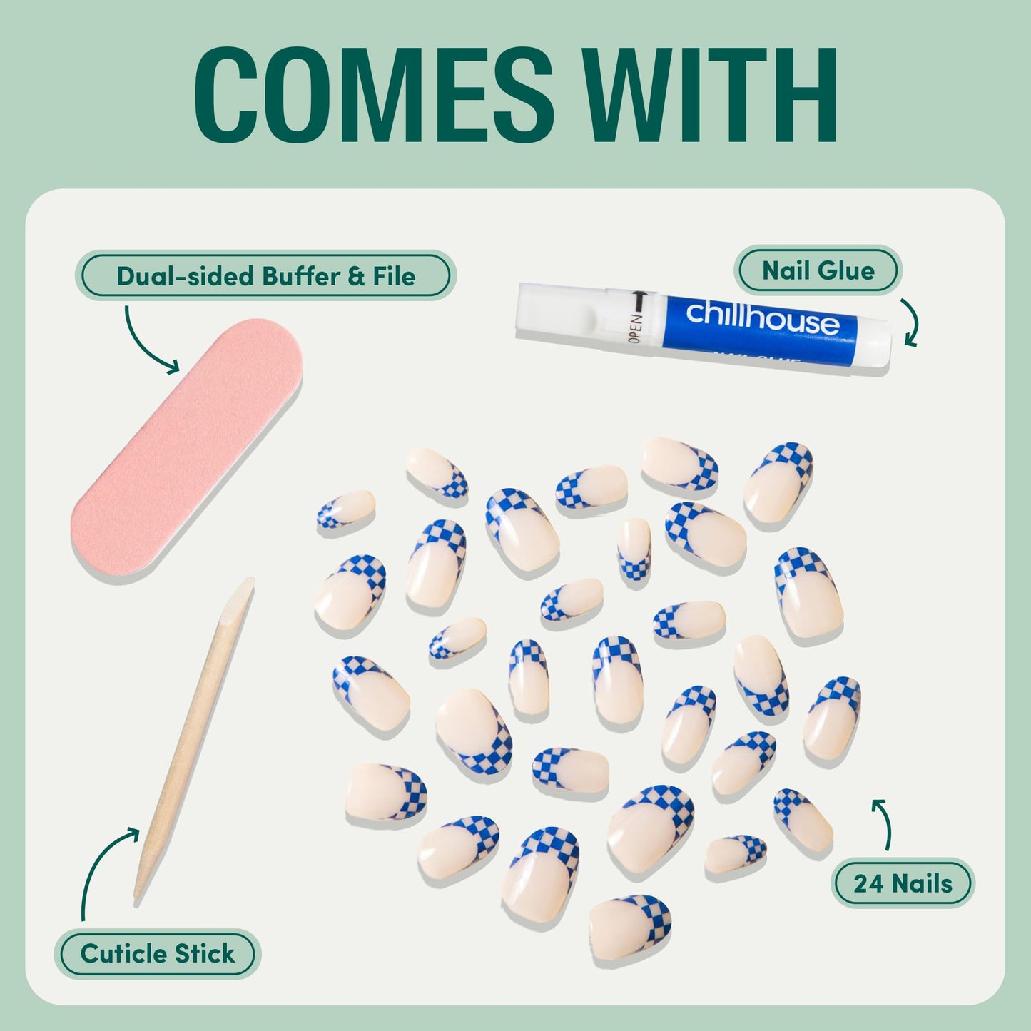 Chillhouse Chill Tips Signatures Press On Nails Kit, Going to the Barre - 24 Nail Shapes & Sizes, Dual-Sided Buffer & File, Cuticle Stick & Glue - Long-Lasting Nail Art Manicures