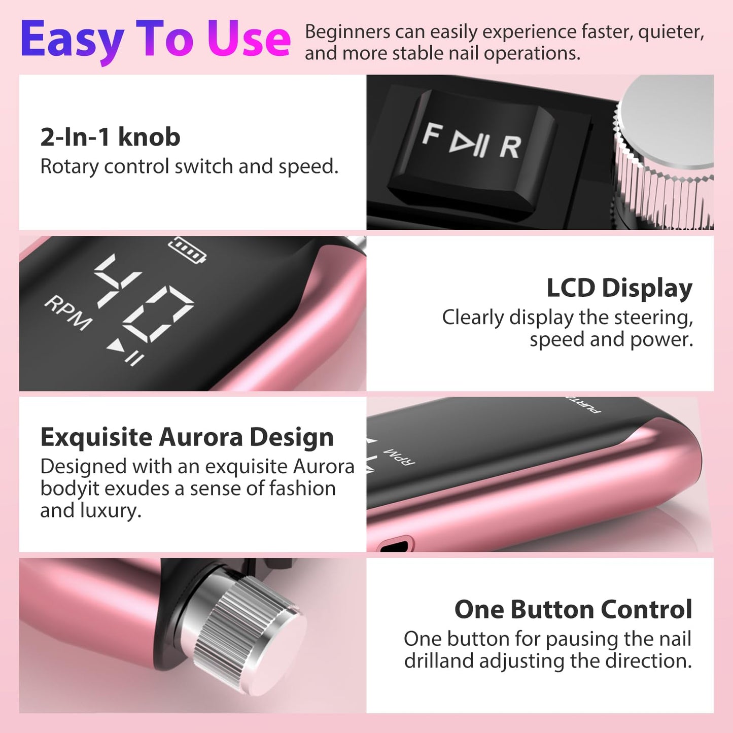 Professional Nail Drill 40,000 RPM, Rechargeable,LCD Display E File Machine for Acrylic Nails Gel Polishing Removing Portable Nails Efile Tools for Manicure Salon & Home (Pink)