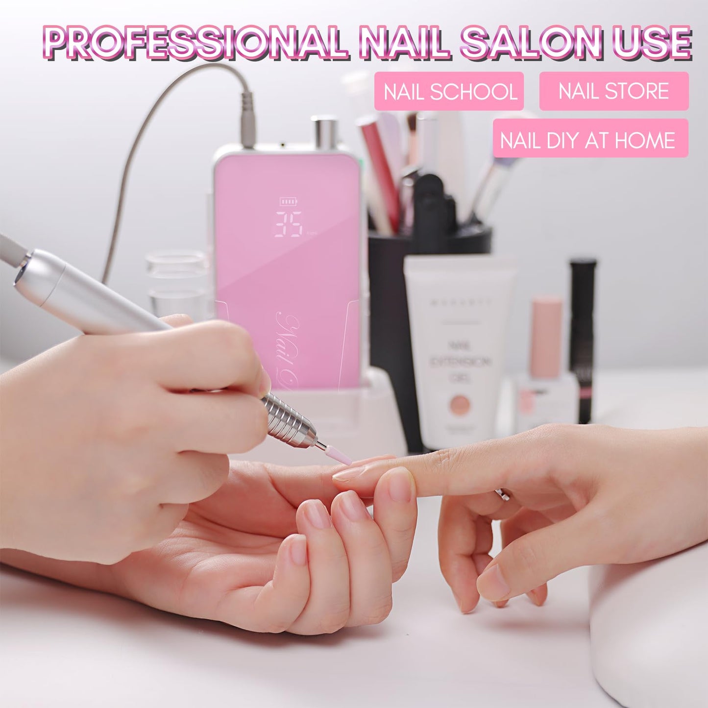 Makartt Professional Nail Drill, Nouvella 35000RPM Electric Nail Filer Machine With Coreless Motor for Acrylic Gel Nail，Rechargeable Efile With Nail Drill Bit Set, Manicure Salon Home DIY Use, Pink