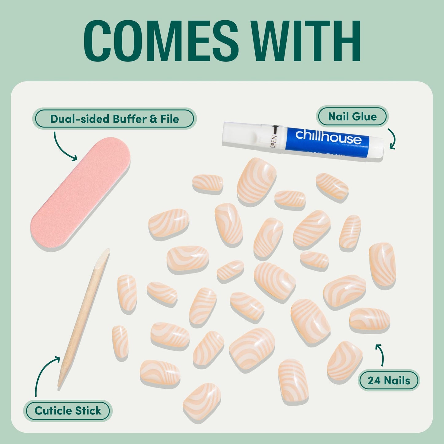 Chillhouse Chill Tips Signatures Press On Nails Kit, Going to the Barre - 24 Nail Shapes & Sizes, Dual-Sided Buffer & File, Cuticle Stick & Glue - Long-Lasting Nail Art Manicures