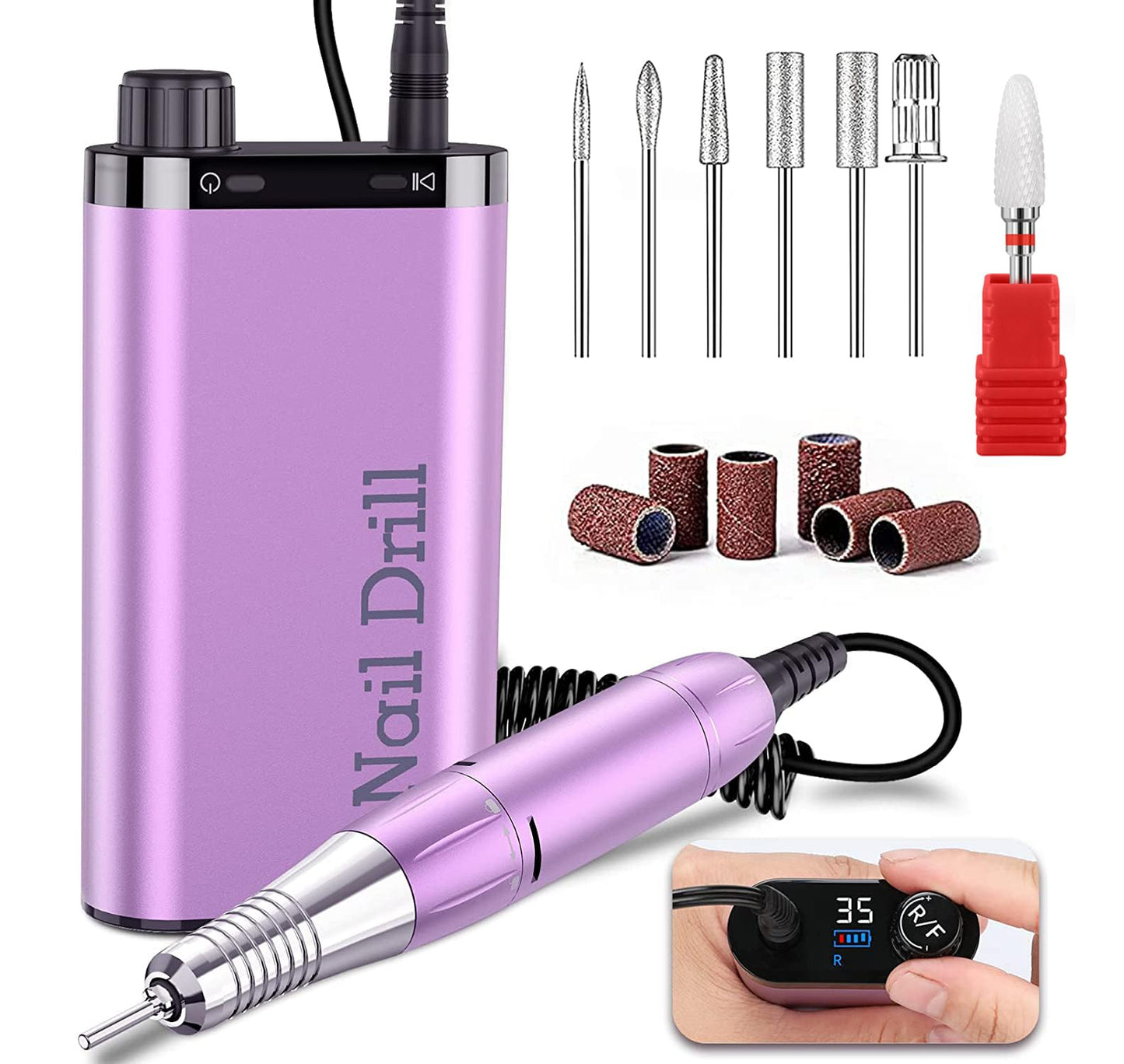 Electric Nail Drill Machine 35000RPM Portable Rechargeable Nail Drill for Acrylic Nails Gel Polishing Removing, Cordless with Bits Kit for Manicure Salon Home(Purple)