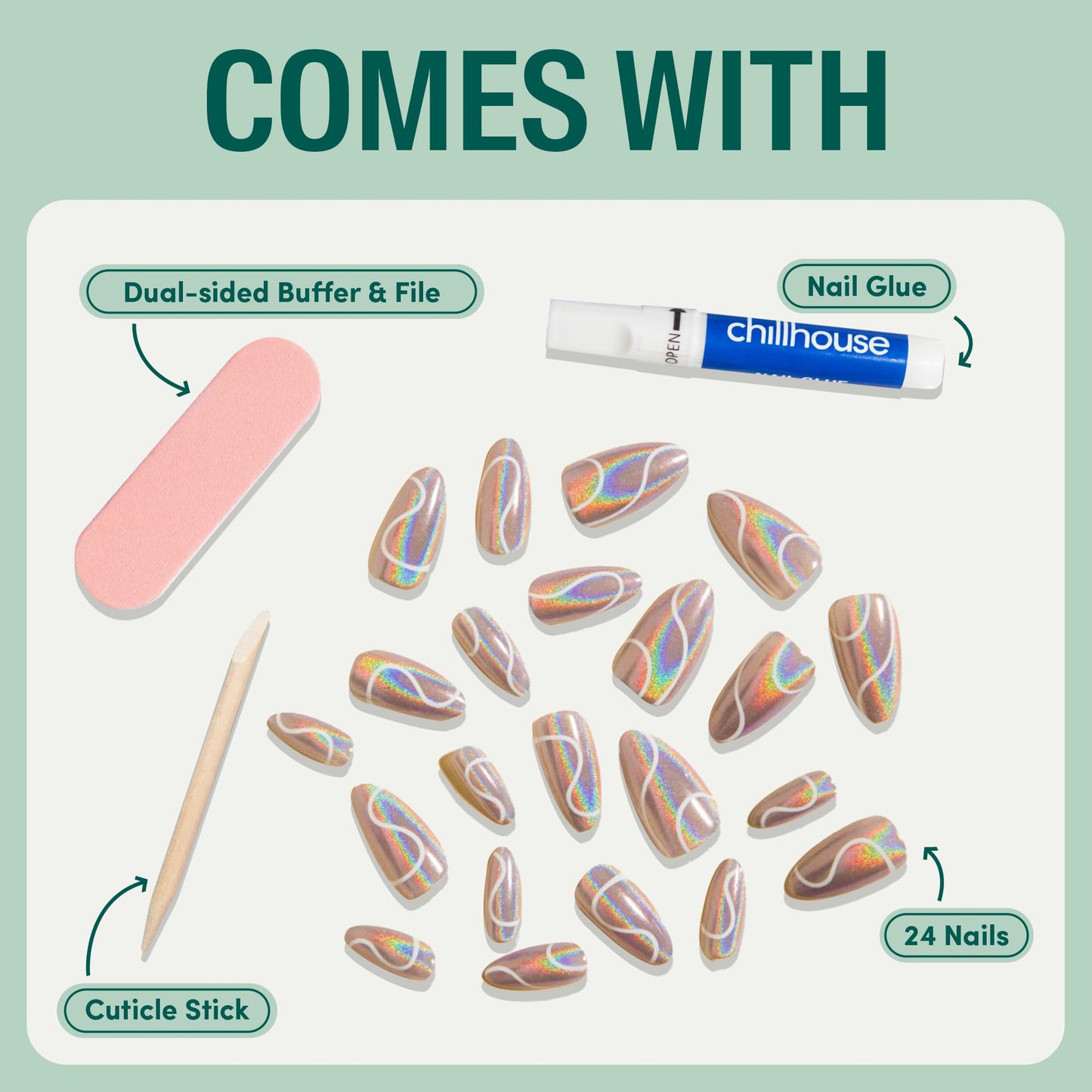 Chillhouse Chill Tips Signatures Press On Nails Kit, Going to the Barre - 24 Nail Shapes & Sizes, Dual-Sided Buffer & File, Cuticle Stick & Glue - Long-Lasting Nail Art Manicures