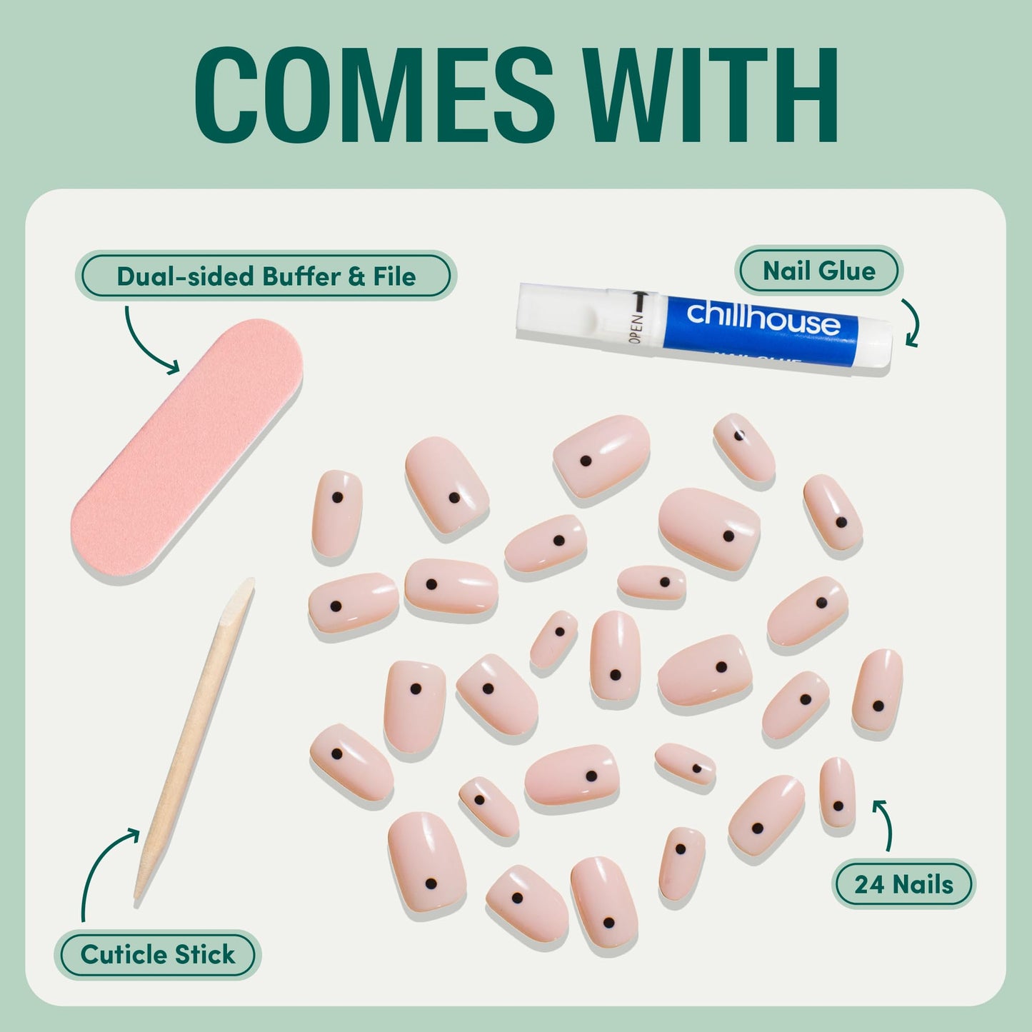 Chillhouse Chill Tips Signatures Press On Nails Kit, Going to the Barre - 24 Nail Shapes & Sizes, Dual-Sided Buffer & File, Cuticle Stick & Glue - Long-Lasting Nail Art Manicures