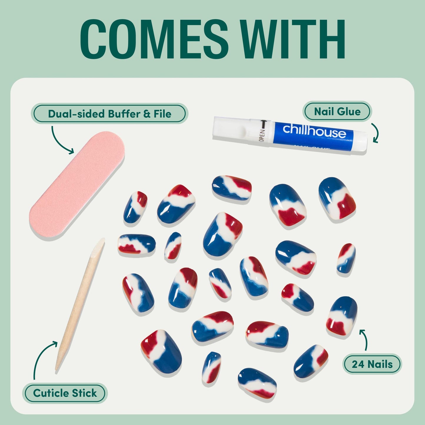 Chillhouse Chill Tips Signatures Press On Nails Kit, Going to the Barre - 24 Nail Shapes & Sizes, Dual-Sided Buffer & File, Cuticle Stick & Glue - Long-Lasting Nail Art Manicures