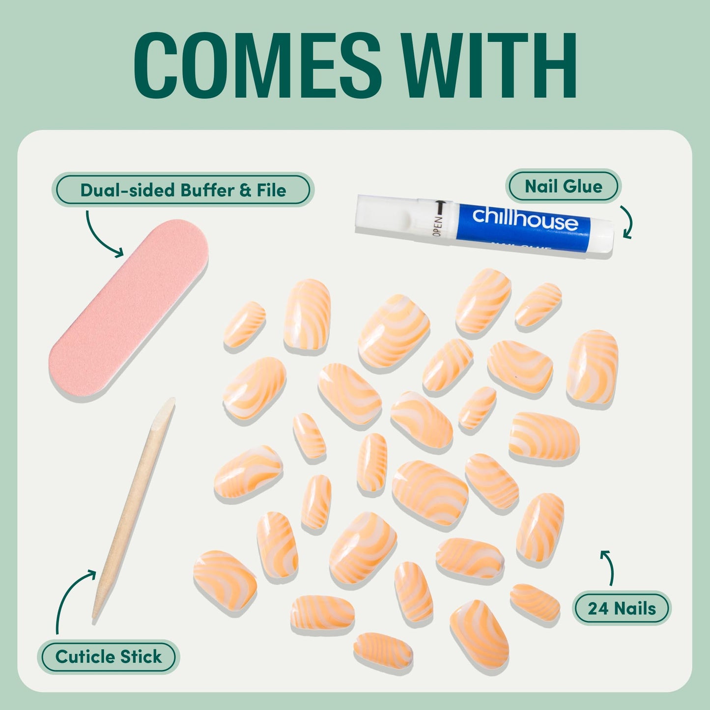 Chillhouse Chill Tips Signatures Press On Nails Kit, Going to the Barre - 24 Nail Shapes & Sizes, Dual-Sided Buffer & File, Cuticle Stick & Glue - Long-Lasting Nail Art Manicures