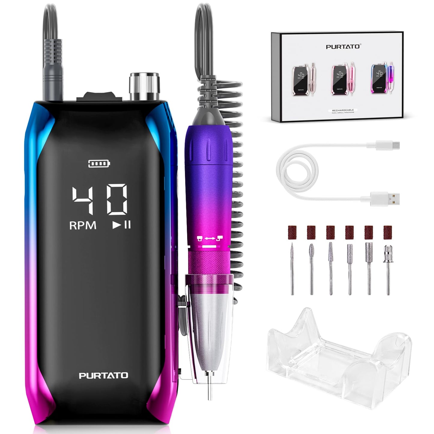 Professional Nail Drill 40,000 RPM, Rechargeable,LCD Display E File Machine for Acrylic Nails Gel Polishing Removing Portable Nails Efile Tools for Manicure Salon & Home (Pink)