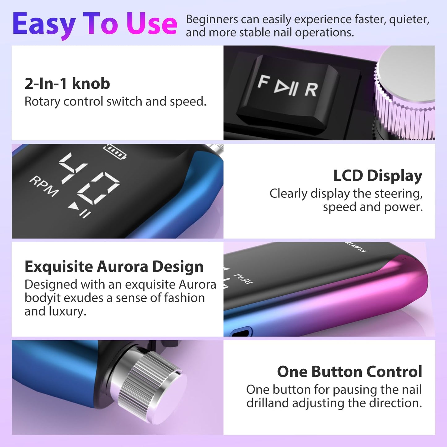 Professional Nail Drill 40,000 RPM, Rechargeable,LCD Display E File Machine for Acrylic Nails Gel Polishing Removing Portable Nails Efile Tools for Manicure Salon & Home (Pink)