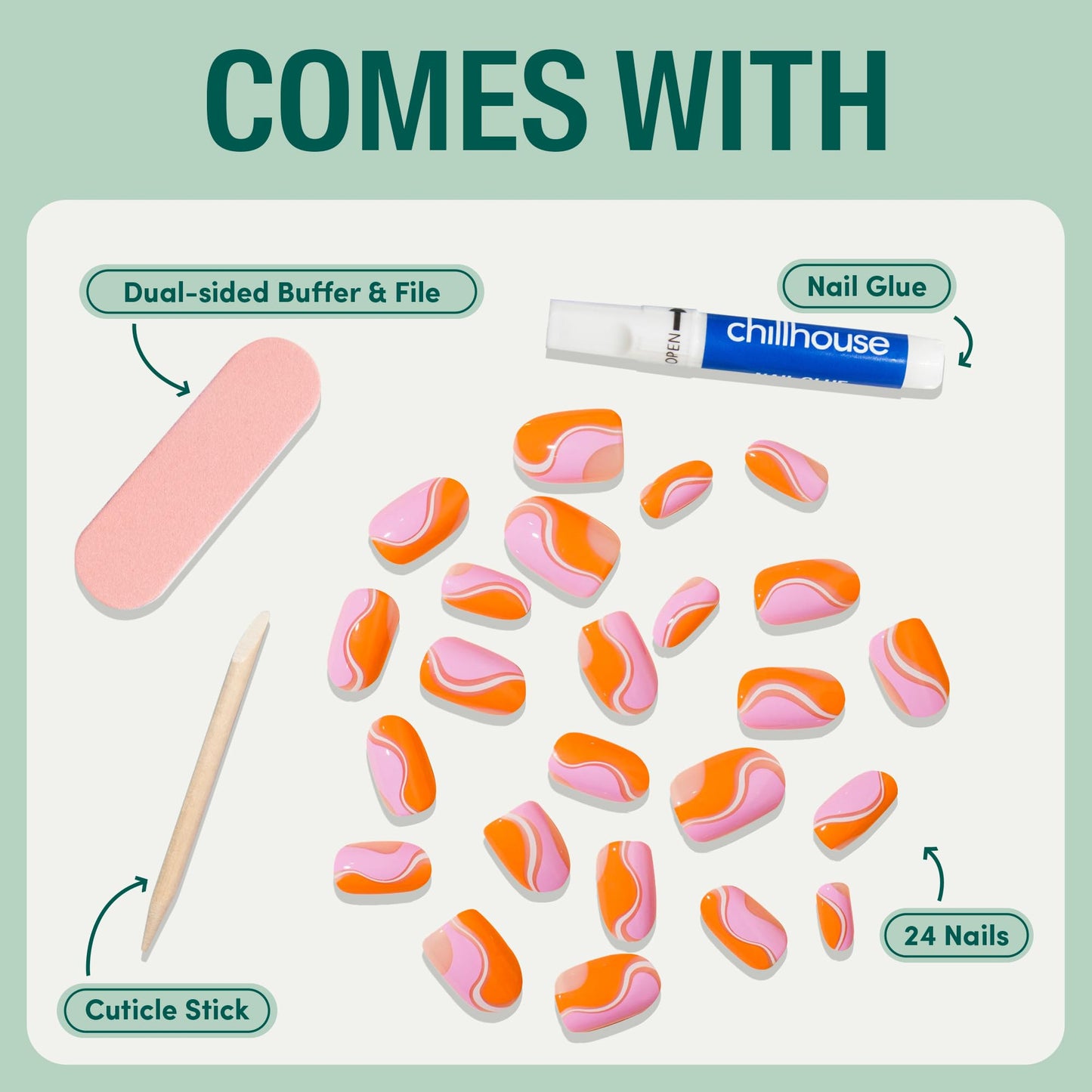 Chillhouse Chill Tips Signatures Press On Nails Kit, Going to the Barre - 24 Nail Shapes & Sizes, Dual-Sided Buffer & File, Cuticle Stick & Glue - Long-Lasting Nail Art Manicures