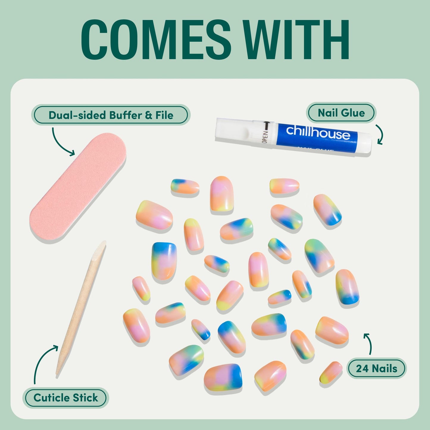 Chillhouse Chill Tips Signatures Press On Nails Kit, Going to the Barre - 24 Nail Shapes & Sizes, Dual-Sided Buffer & File, Cuticle Stick & Glue - Long-Lasting Nail Art Manicures