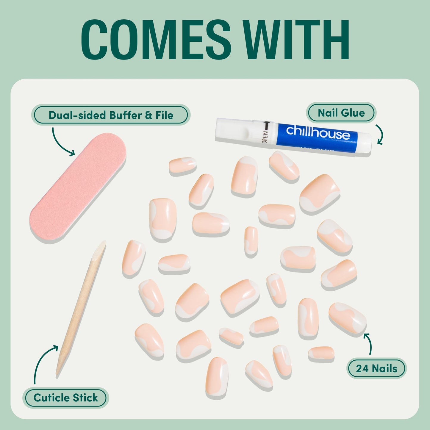 Chillhouse Chill Tips Signatures Press On Nails Kit, Going to the Barre - 24 Nail Shapes & Sizes, Dual-Sided Buffer & File, Cuticle Stick & Glue - Long-Lasting Nail Art Manicures