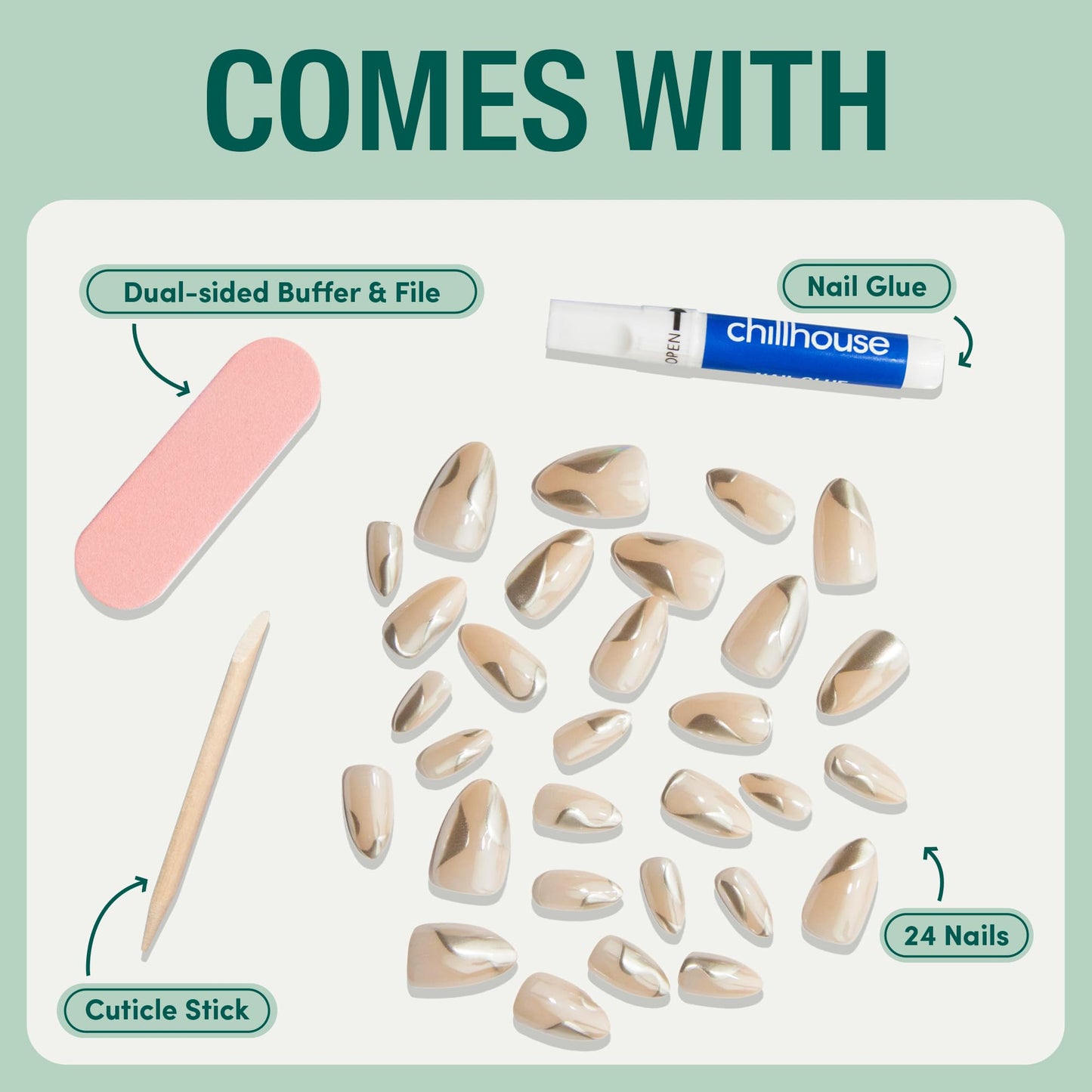 Chillhouse Chill Tips Signatures Press On Nails Kit, Going to the Barre - 24 Nail Shapes & Sizes, Dual-Sided Buffer & File, Cuticle Stick & Glue - Long-Lasting Nail Art Manicures