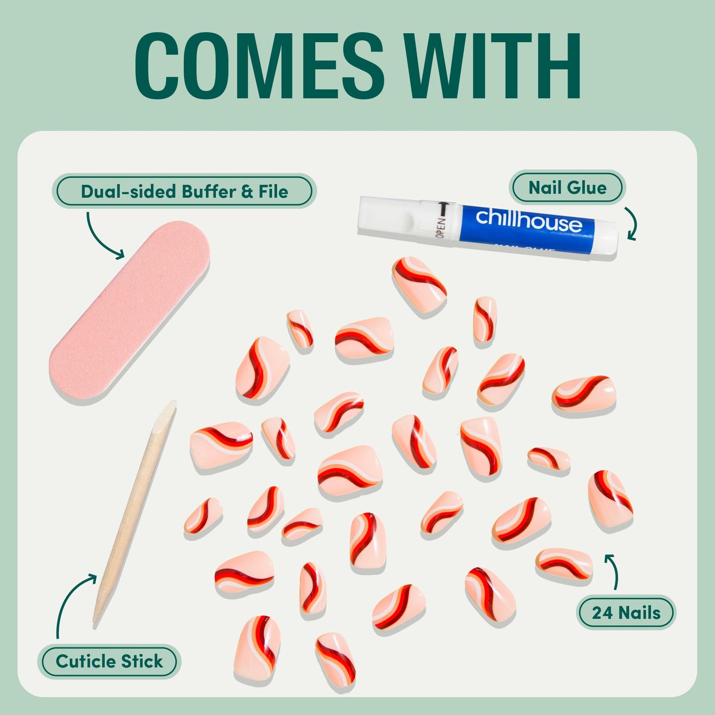 Chillhouse Chill Tips Signatures Press On Nails Kit, Going to the Barre - 24 Nail Shapes & Sizes, Dual-Sided Buffer & File, Cuticle Stick & Glue - Long-Lasting Nail Art Manicures