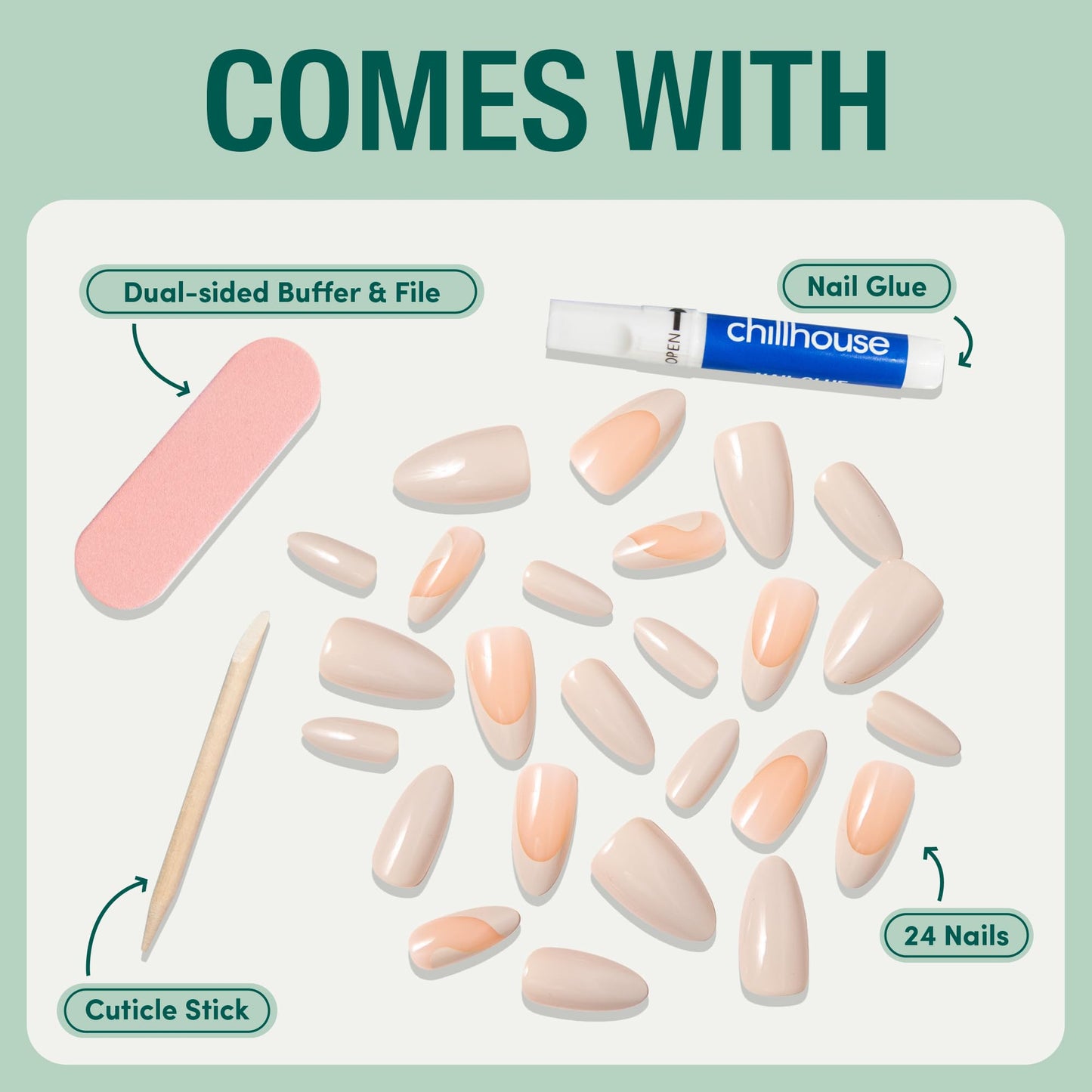 Chillhouse Chill Tips Signatures Press On Nails Kit, Going to the Barre - 24 Nail Shapes & Sizes, Dual-Sided Buffer & File, Cuticle Stick & Glue - Long-Lasting Nail Art Manicures